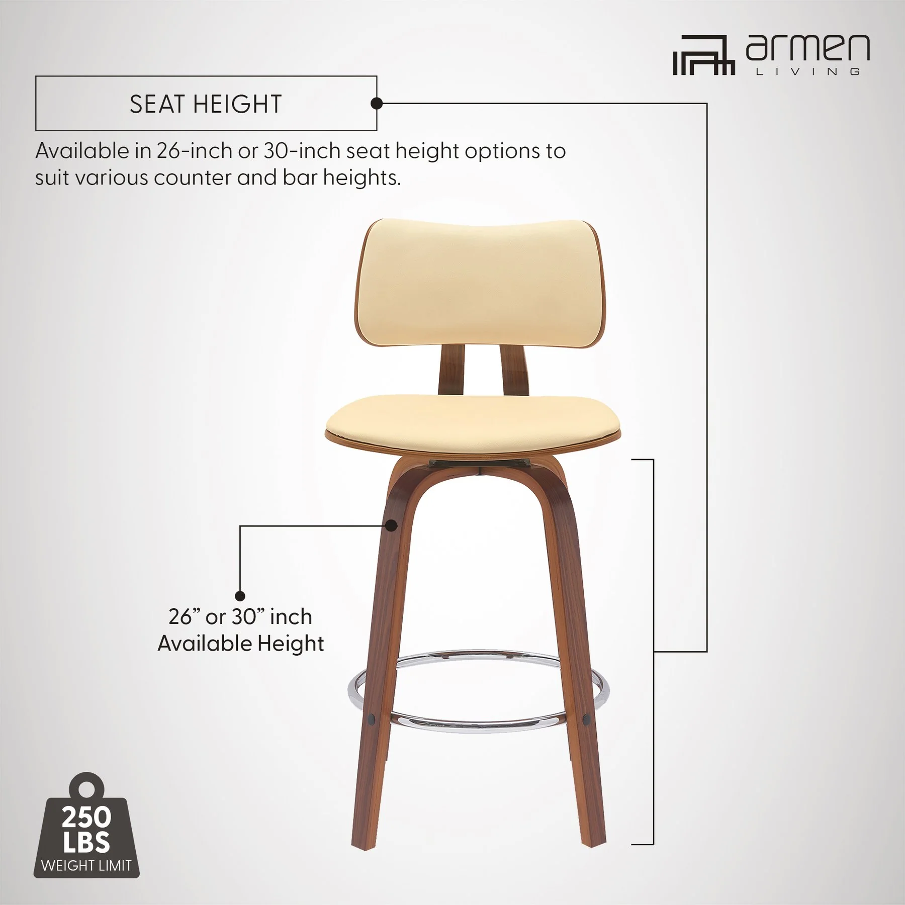 Pico 26" Swivel Walnut Wood Counter Stool in Cream Faux Leather with Chrome - Image 12