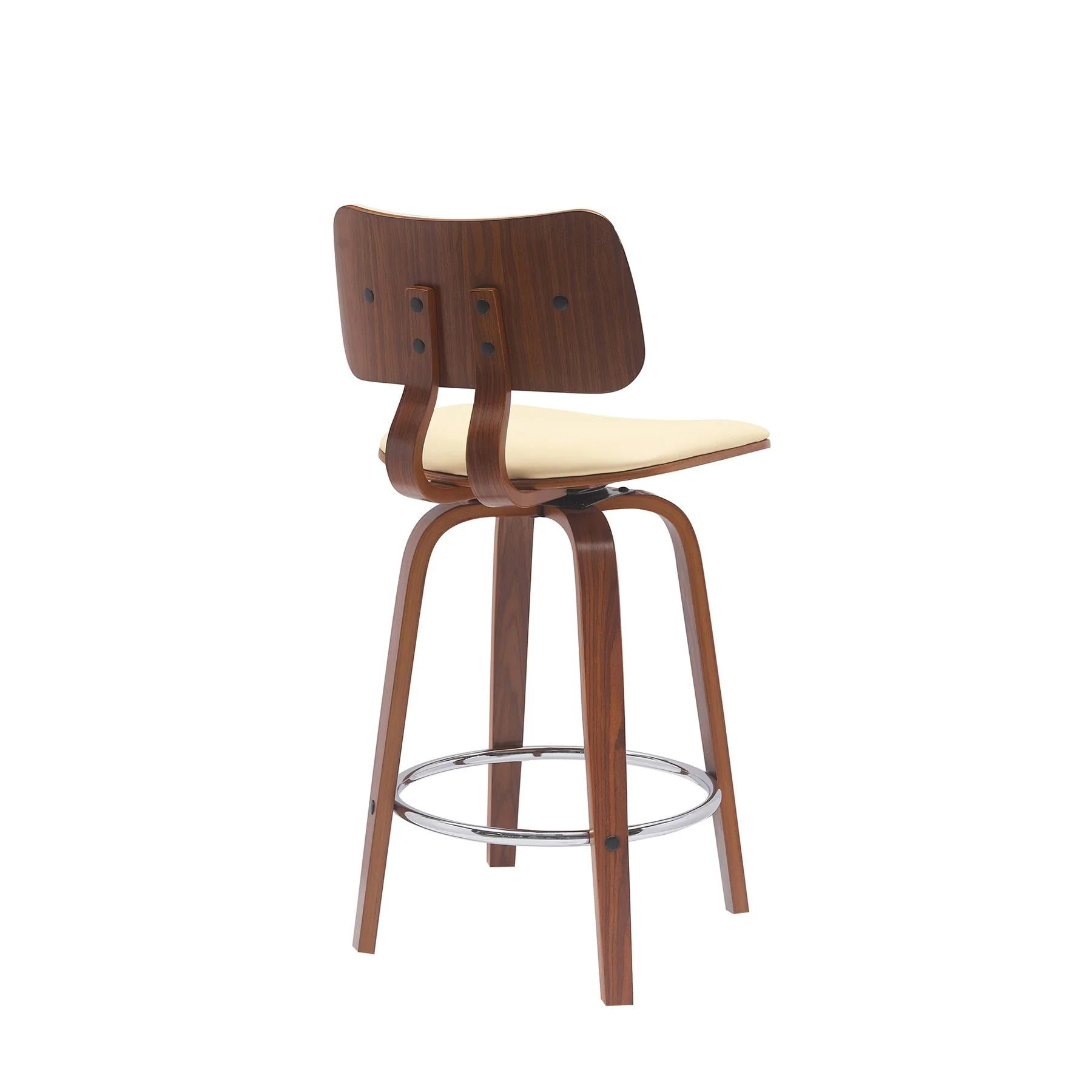 Pico 26" Swivel Walnut Wood Counter Stool in Cream Faux Leather with Chrome - Image 3