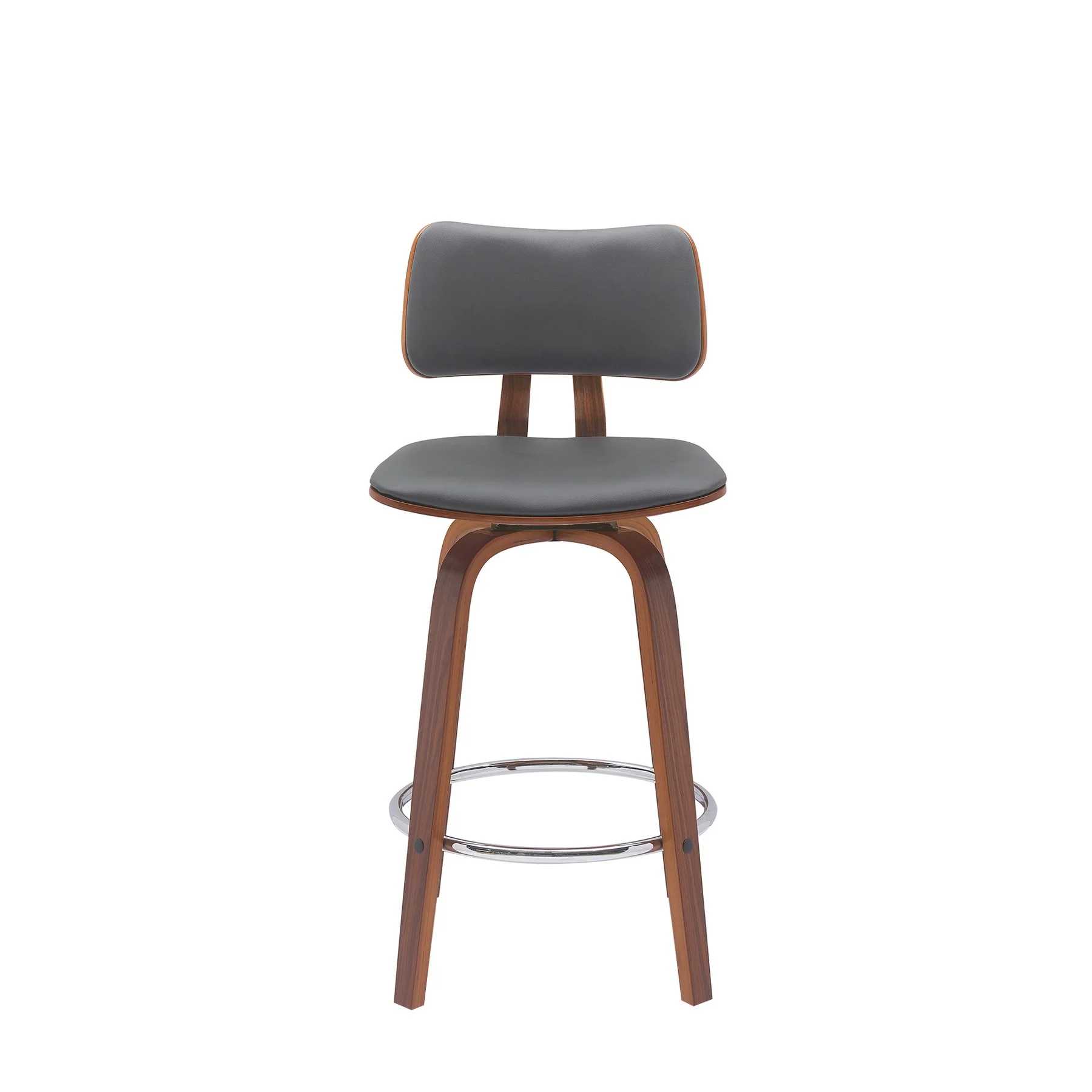 Pico 26" Swivel Walnut Wood Counter Stool in Gray Faux Leather with Chrome - Image 2