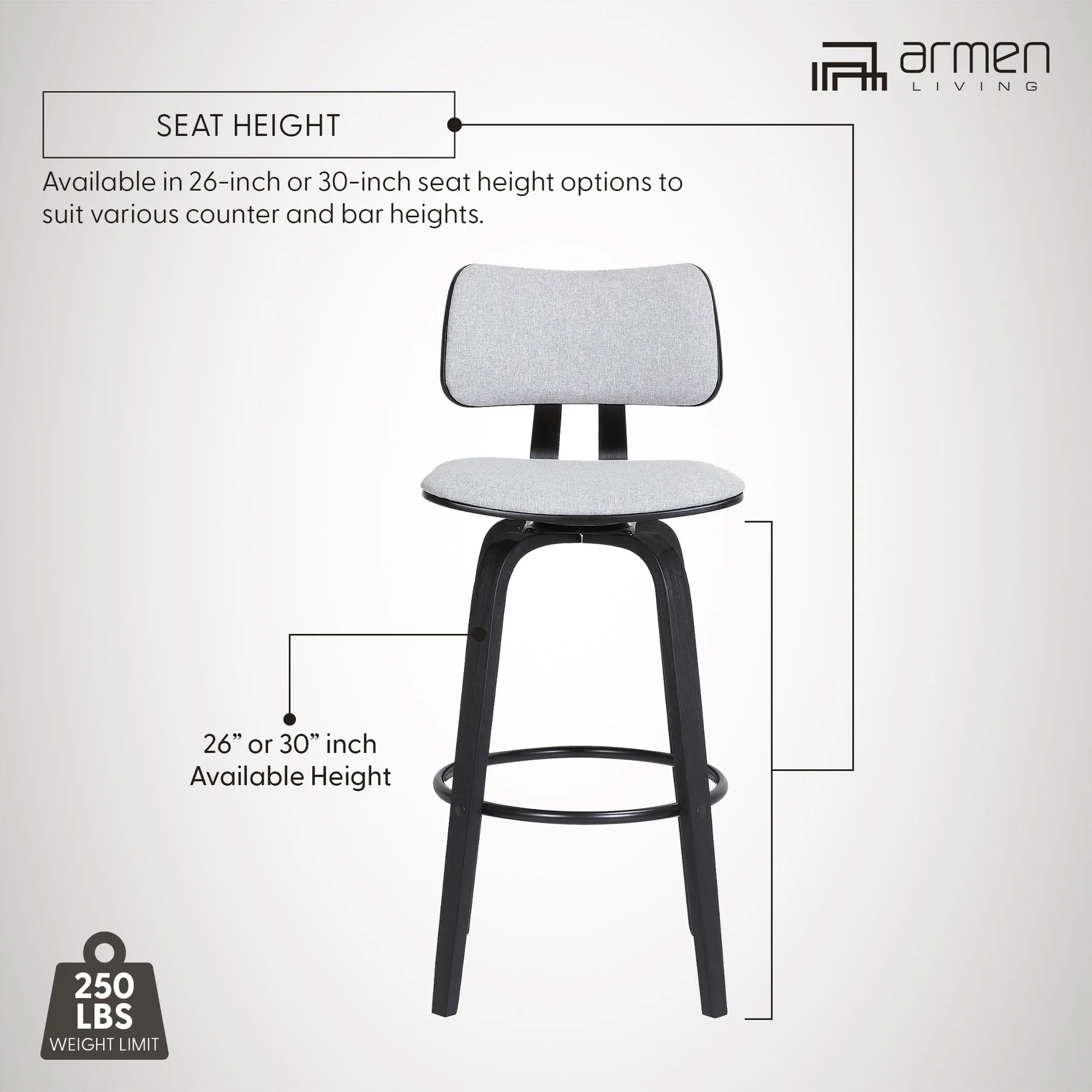 Pico 30" Swivel Black Wood Bar Stool in Light Gray Fabric with Black Metal - Image 13