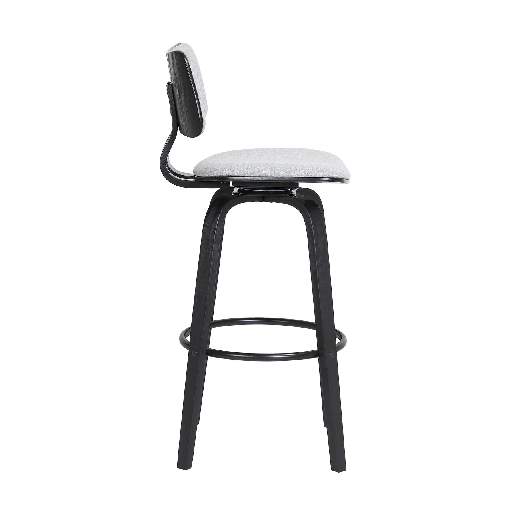 Pico 30" Swivel Black Wood Bar Stool in Light Gray Fabric with Black Metal - Image 3