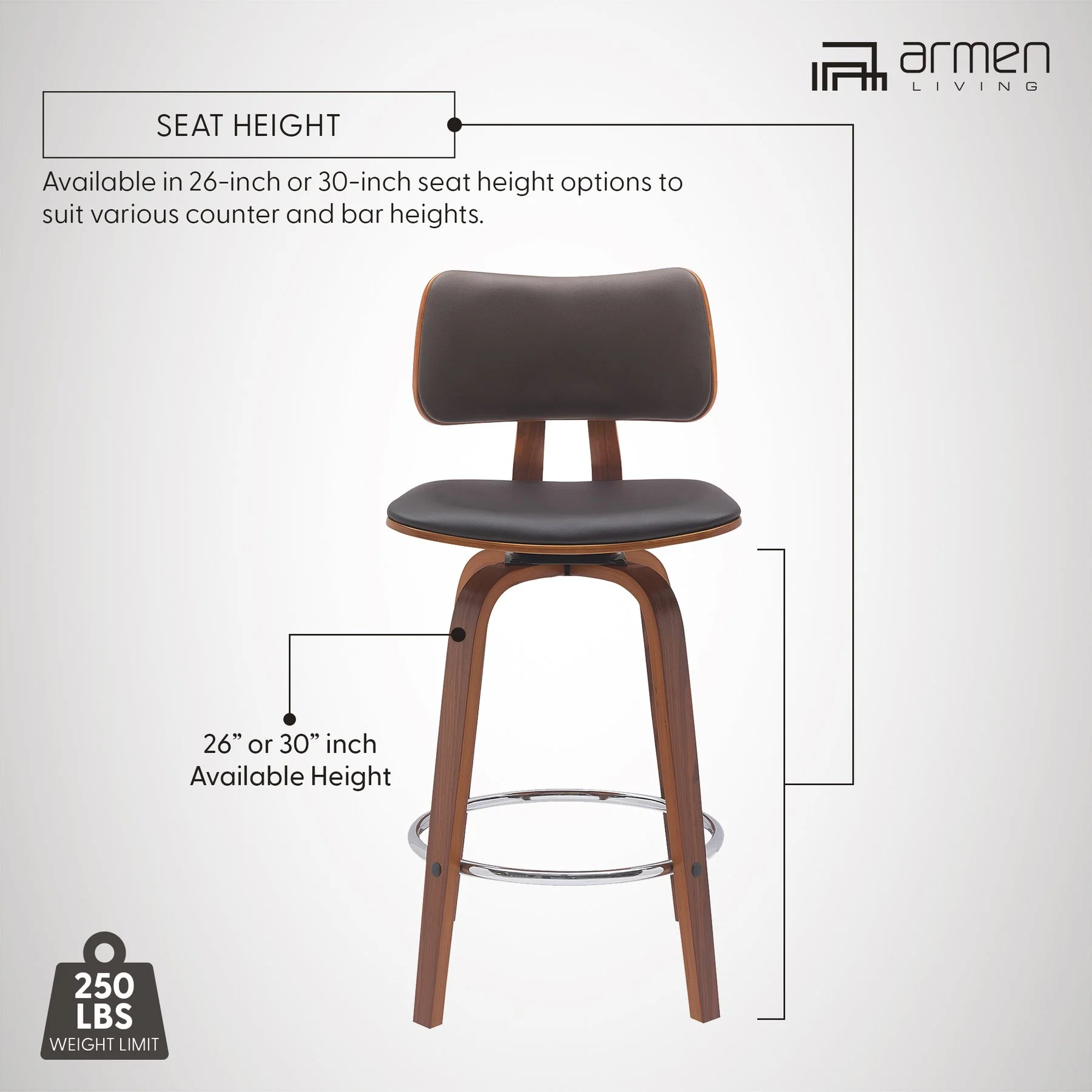 Pico 30" Swivel Walnut Wood Bar Stool in Brown Faux Leather with Chrome - Image 12