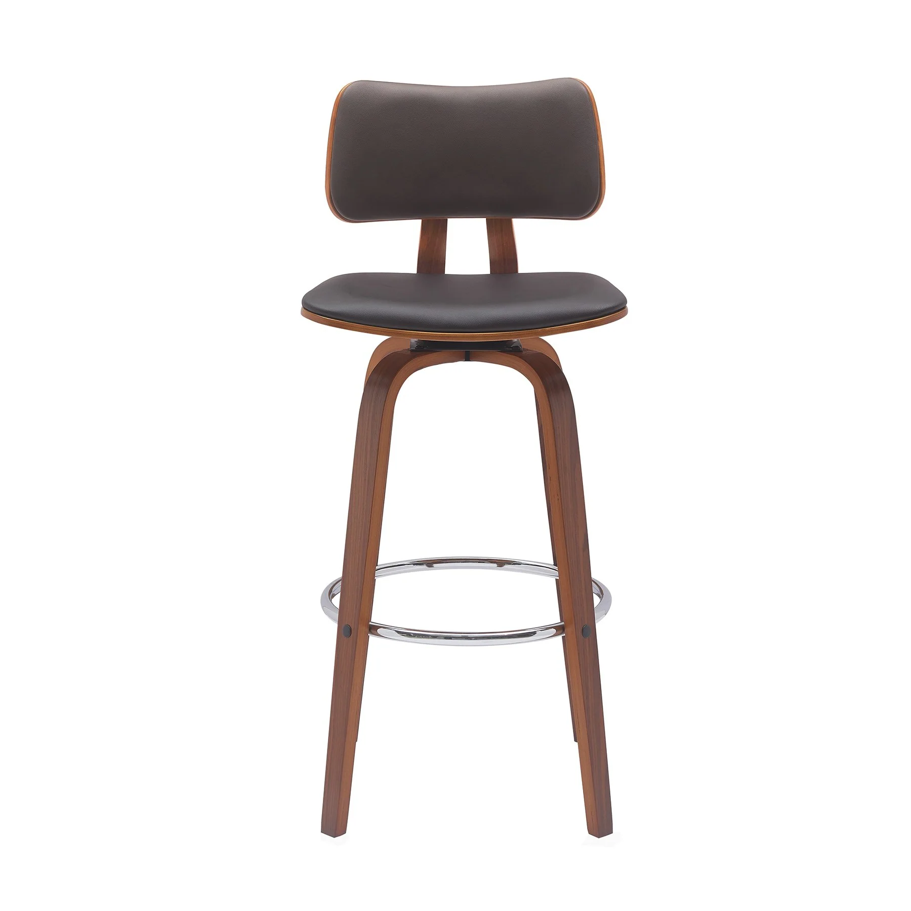 Pico 30" Swivel Walnut Wood Bar Stool in Brown Faux Leather with Chrome - Image 2