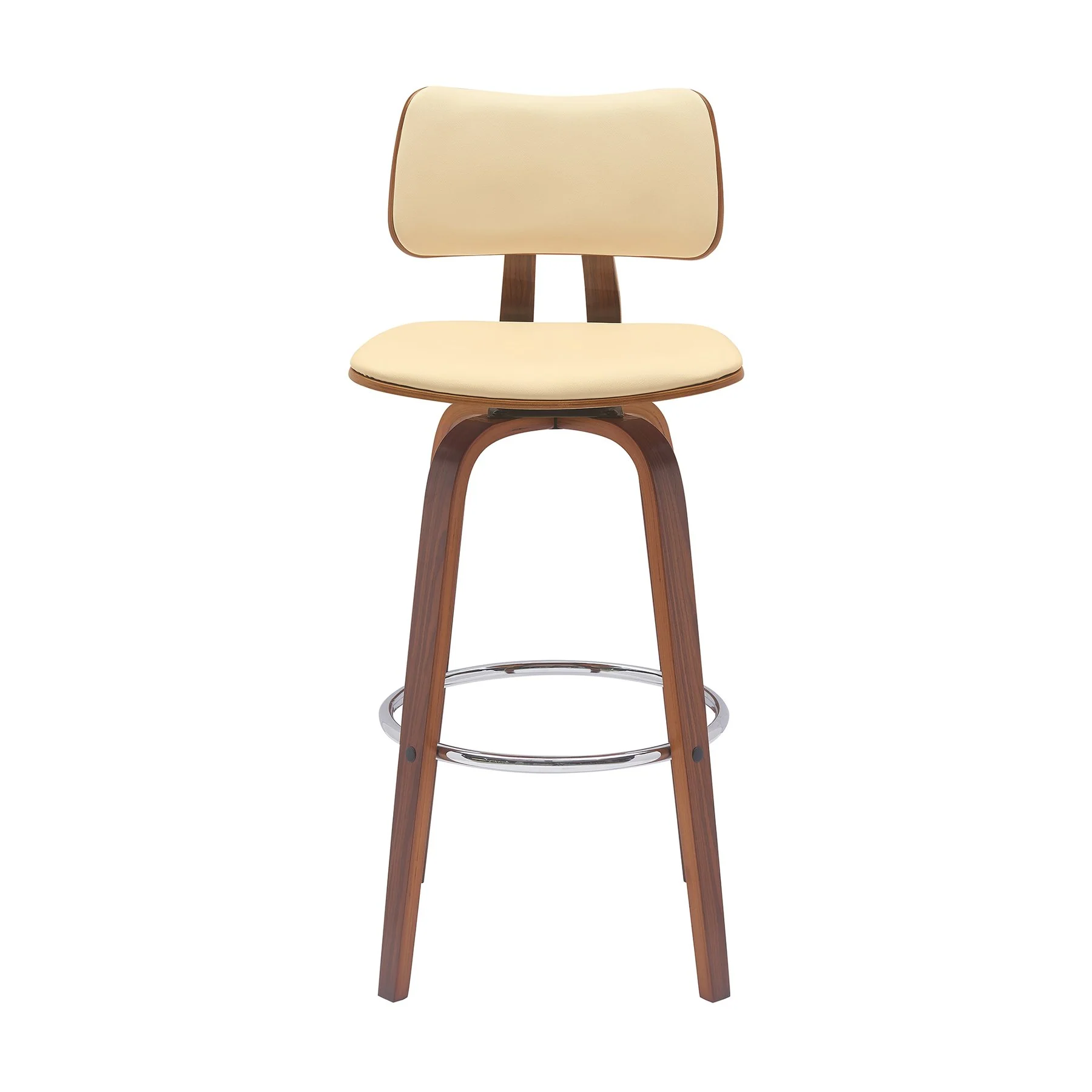Pico 30" Swivel Walnut Wood Bar Stool in Cream Faux Leather with Chrome - Image 2