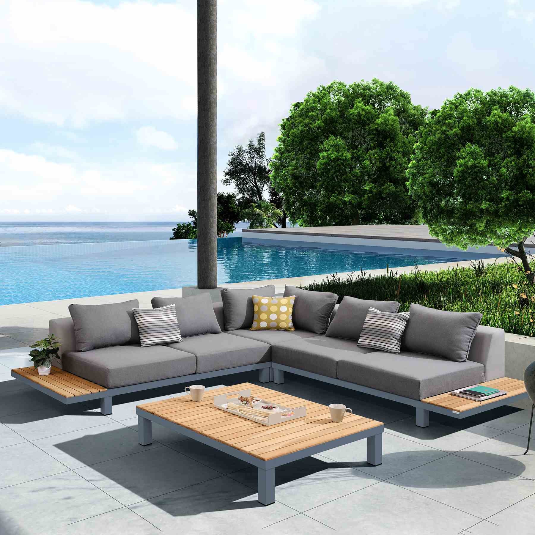 Polo 4 piece Outdoor Sectional Set with Dark Gray Cushions and Modern Accent Pillows - Image 7