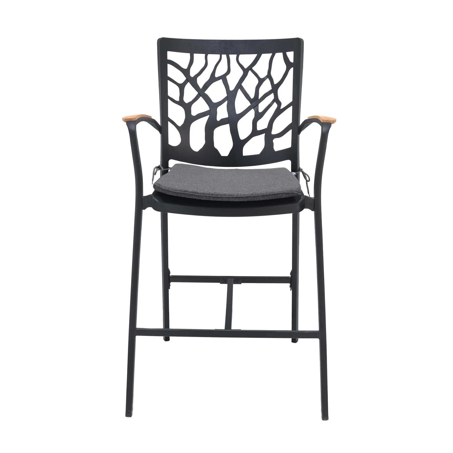 Portals 5 Piece Outdoor Patio Aluminum Bar Set in Black Finish and Natural Teak Wood Accent Top - Image 3