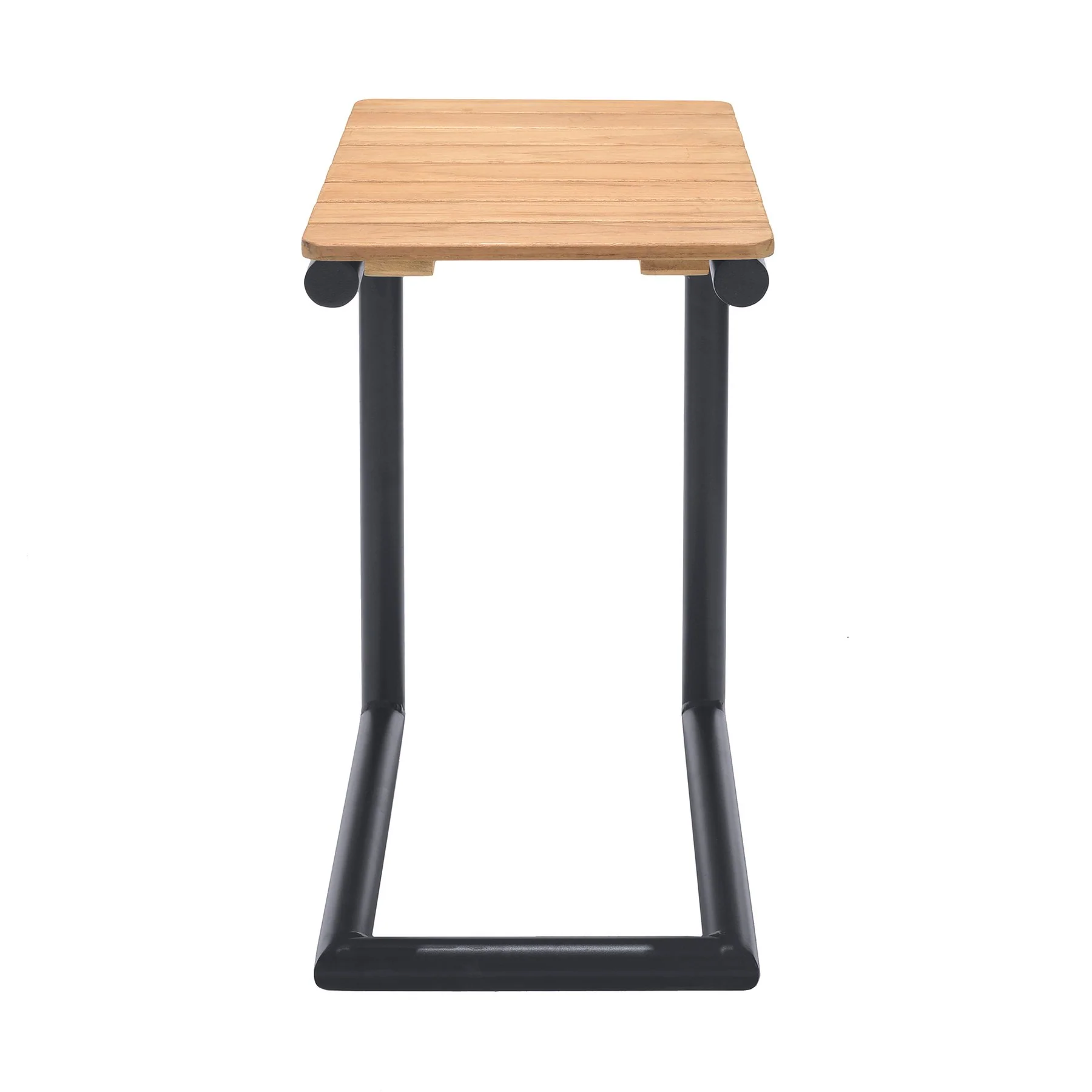 Portals Outdoor C-Shape Side Table in Black Finish and Natural Teak Wood Top - Image 2