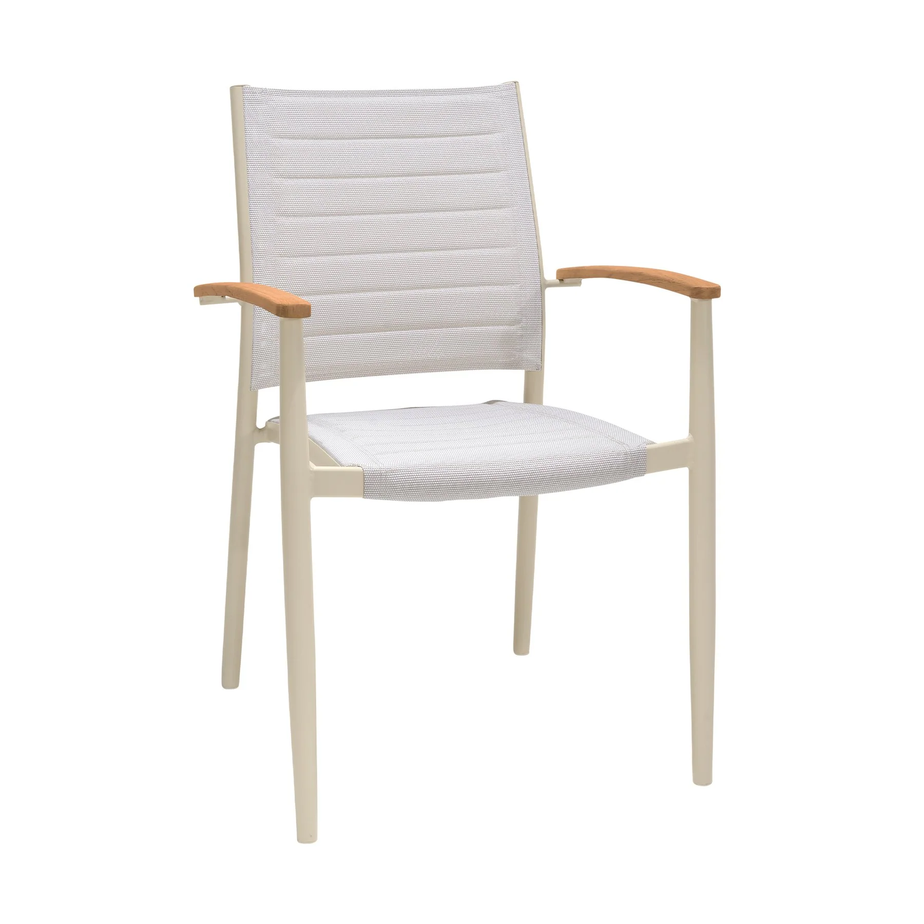Portals Outdoor Coral Sand Aluminum Stacking Dining Chair with Teak Arms - Set of 2 - Image 2