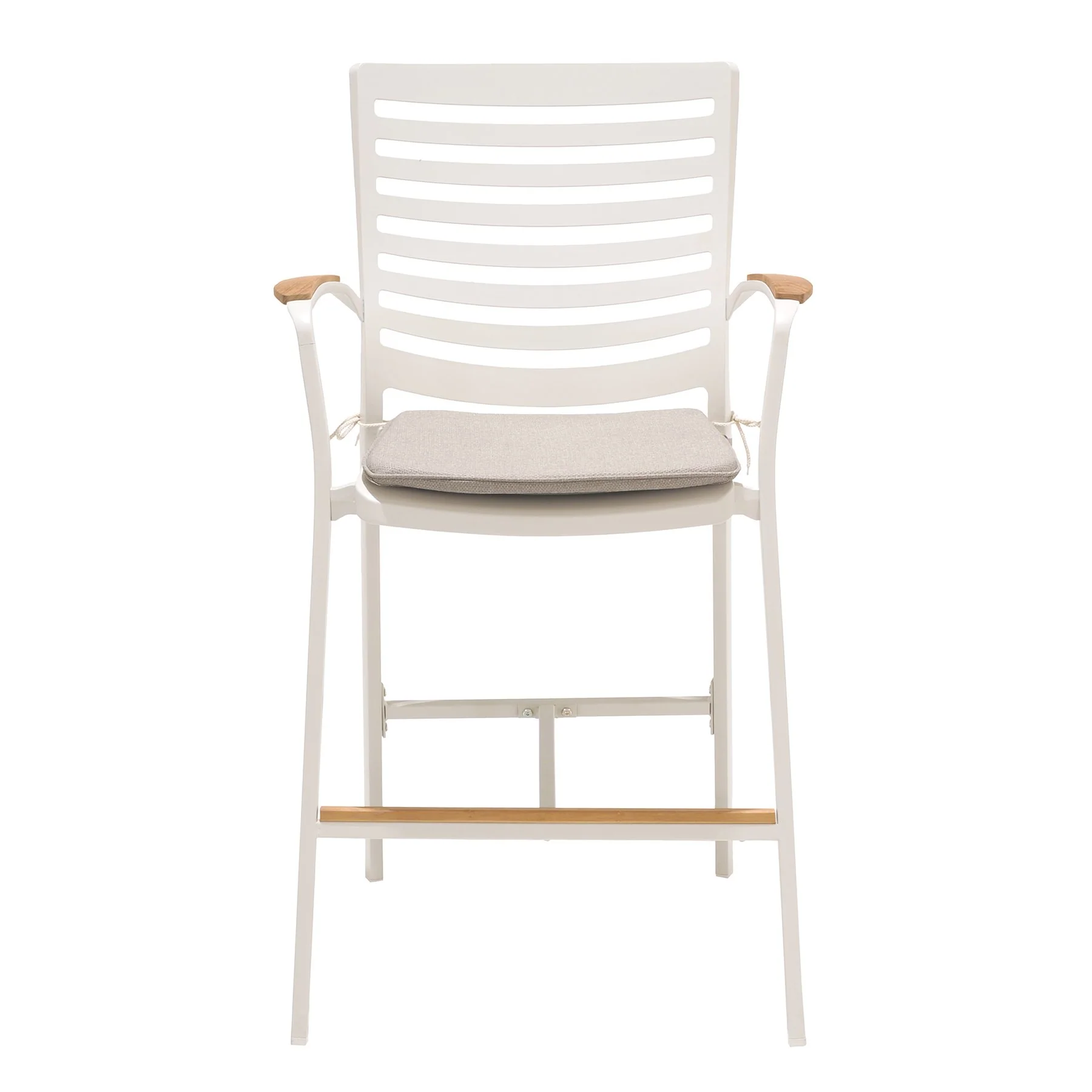 Portals Outdoor Patio Aluminum Barstool in Light Matte Sand with Natural Teak Wood Accent - Image 2