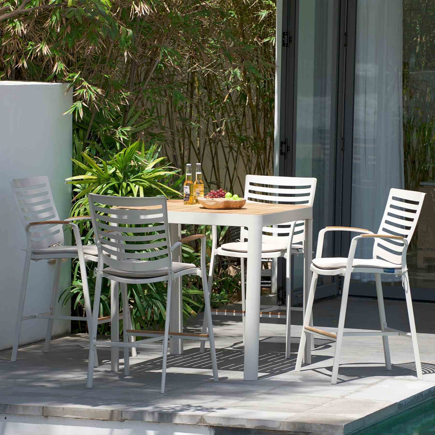 Portals Outdoor Patio Aluminum Barstool in Light Matte Sand with Natural Teak Wood Accent - Image 5