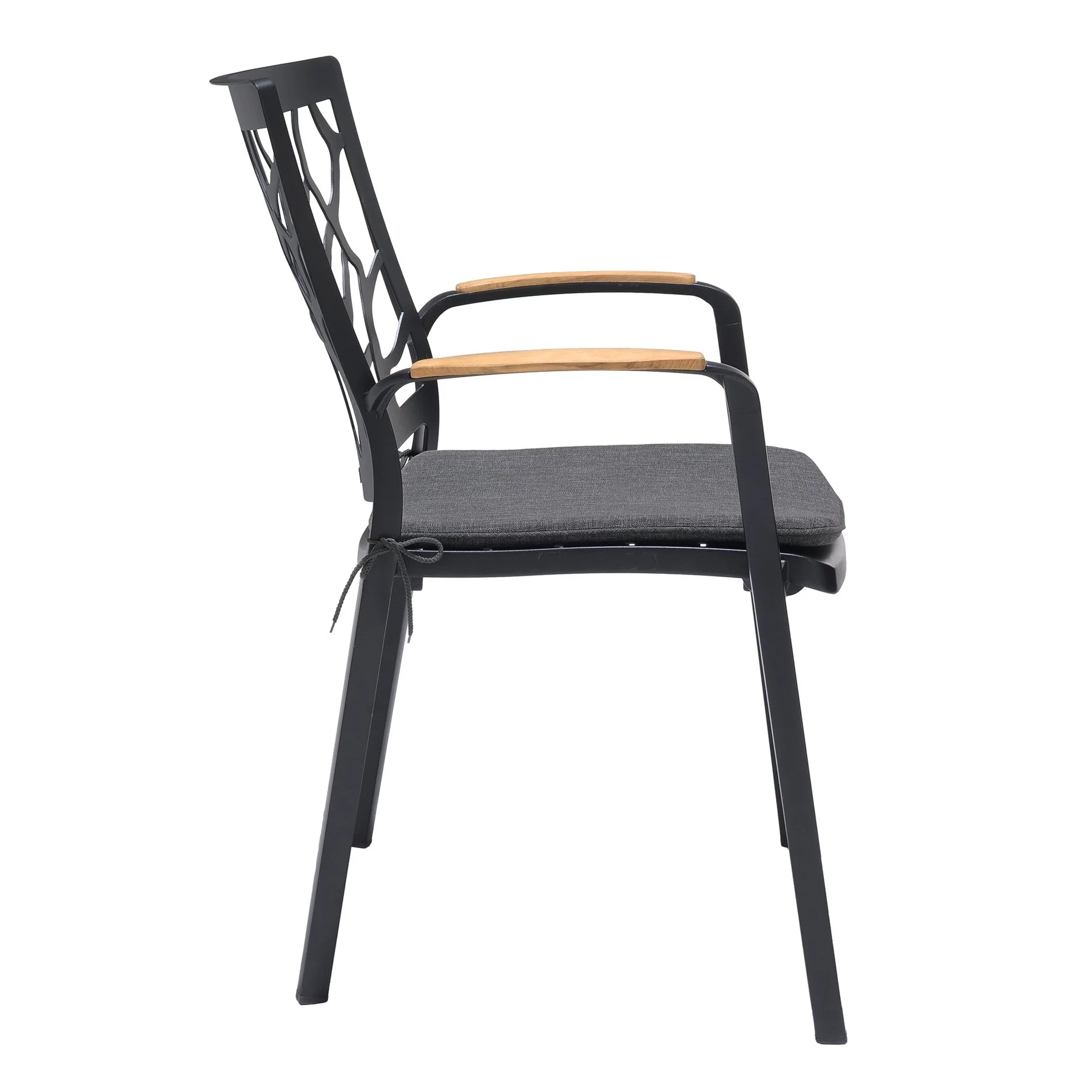 Portals Outdoor Patio Aluminum Chair in Black with Natural Teak Wood Accent-Set of 2 - Image 4