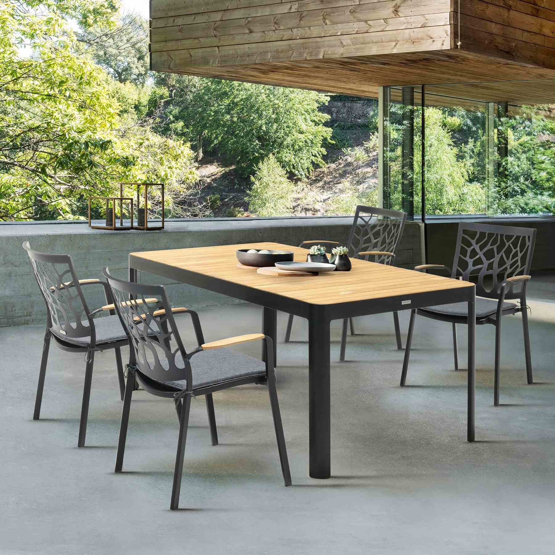 Portals Outdoor Patio Aluminum Chair in Black with Natural Teak Wood Accent-Set of 2 - Image 9