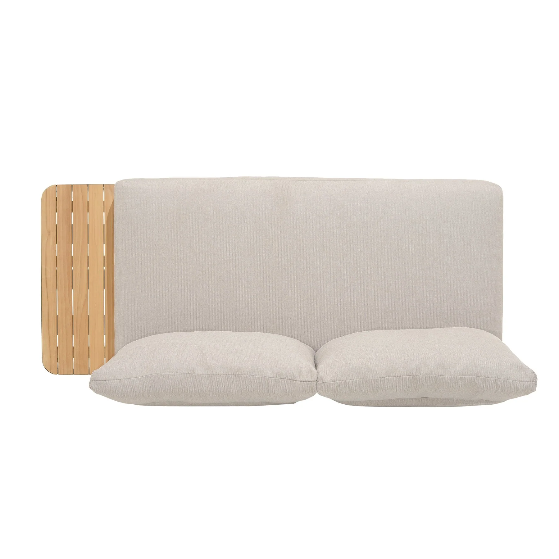 Portals Outdoor Sofa in Light Matte Sand Finish with Natural Teak Wood and Beige Cushions - Image 4
