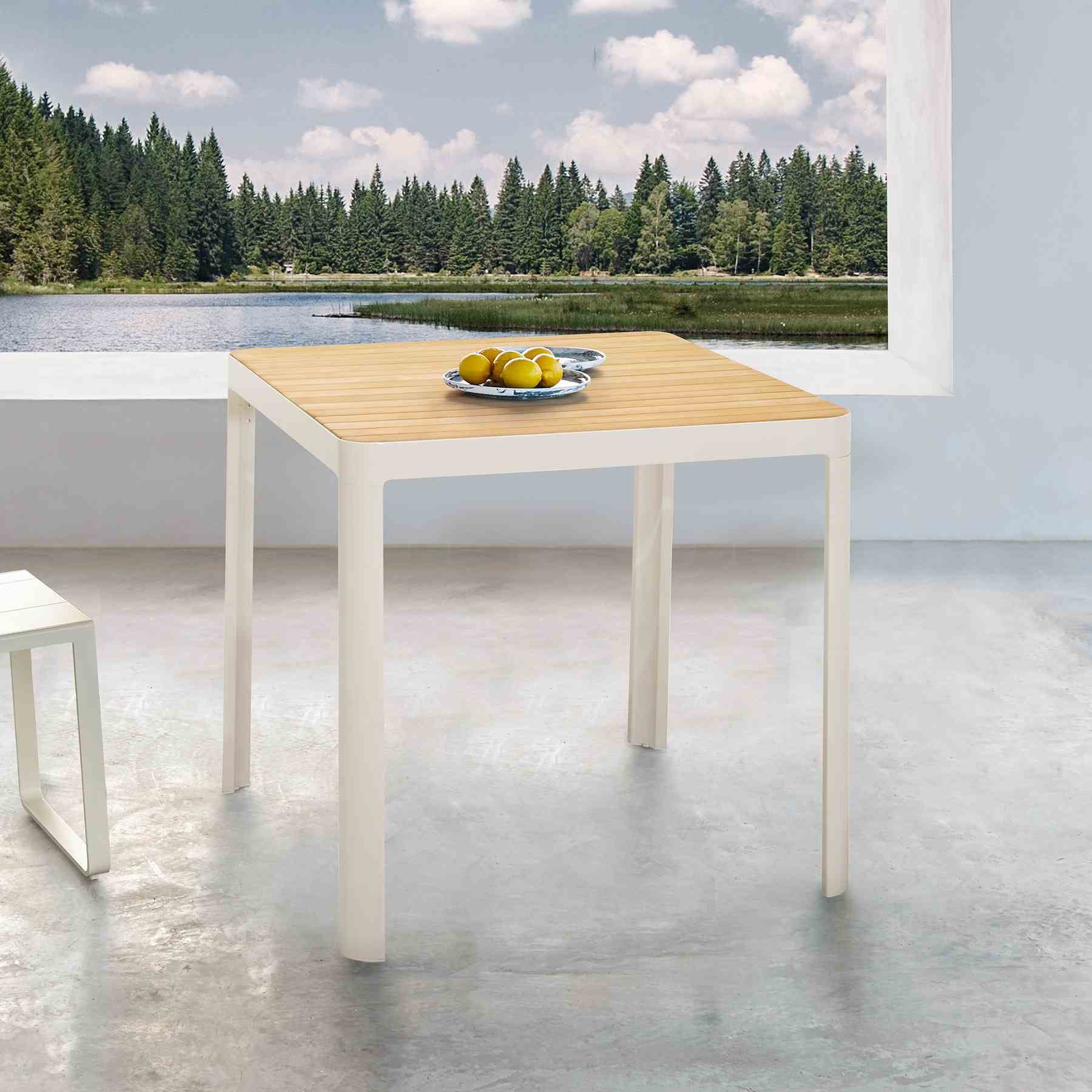 Portals Outdoor Square Bar Table In Light Matte Sand with Natural Teak Wood Top - Image 5