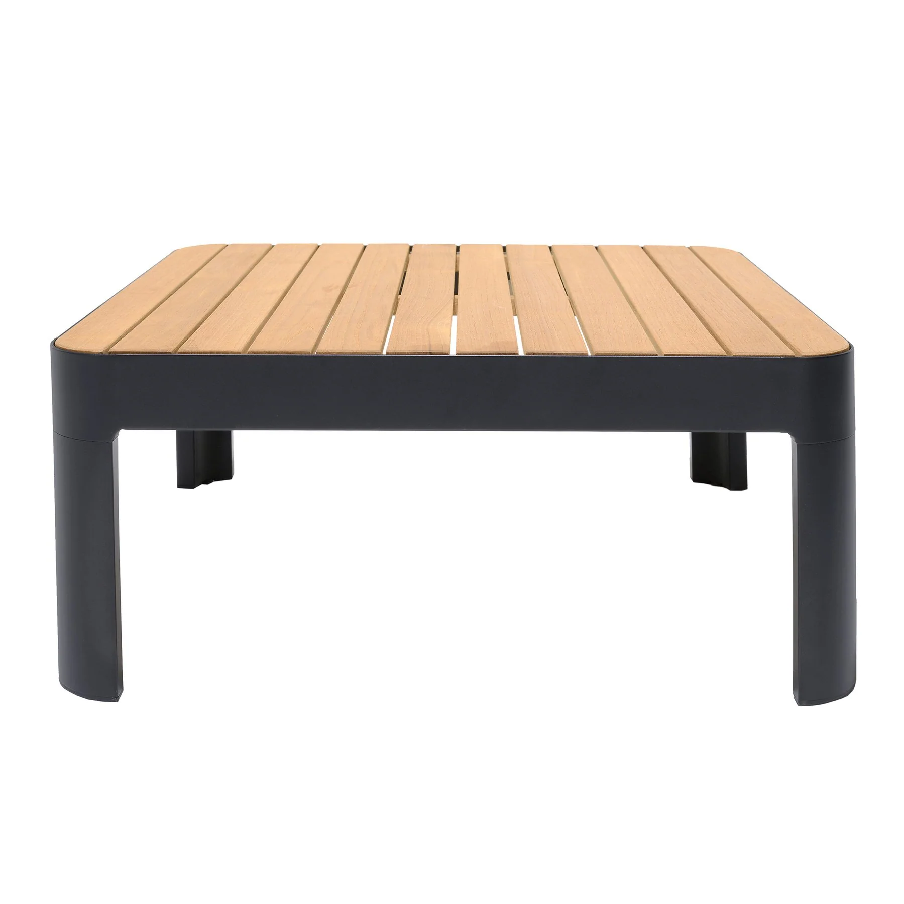 Portals Outdoor Square Coffee Table in Black Finish with Natural Teak Wood Top - Image 3