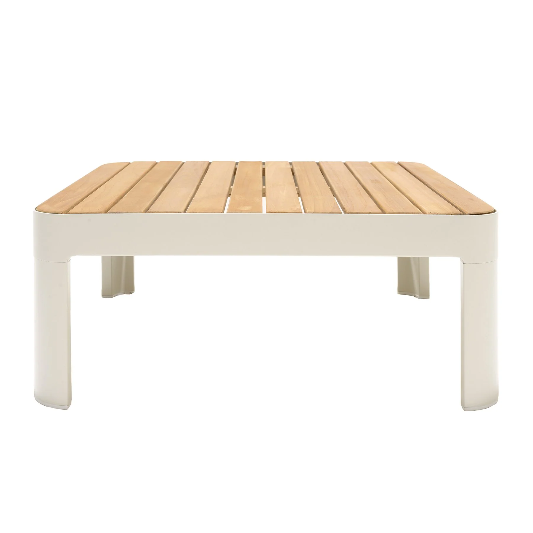 Portals Outdoor Square Coffee Table in Light Matte Sand Finish with Natural Teak Wood Top - Image 2