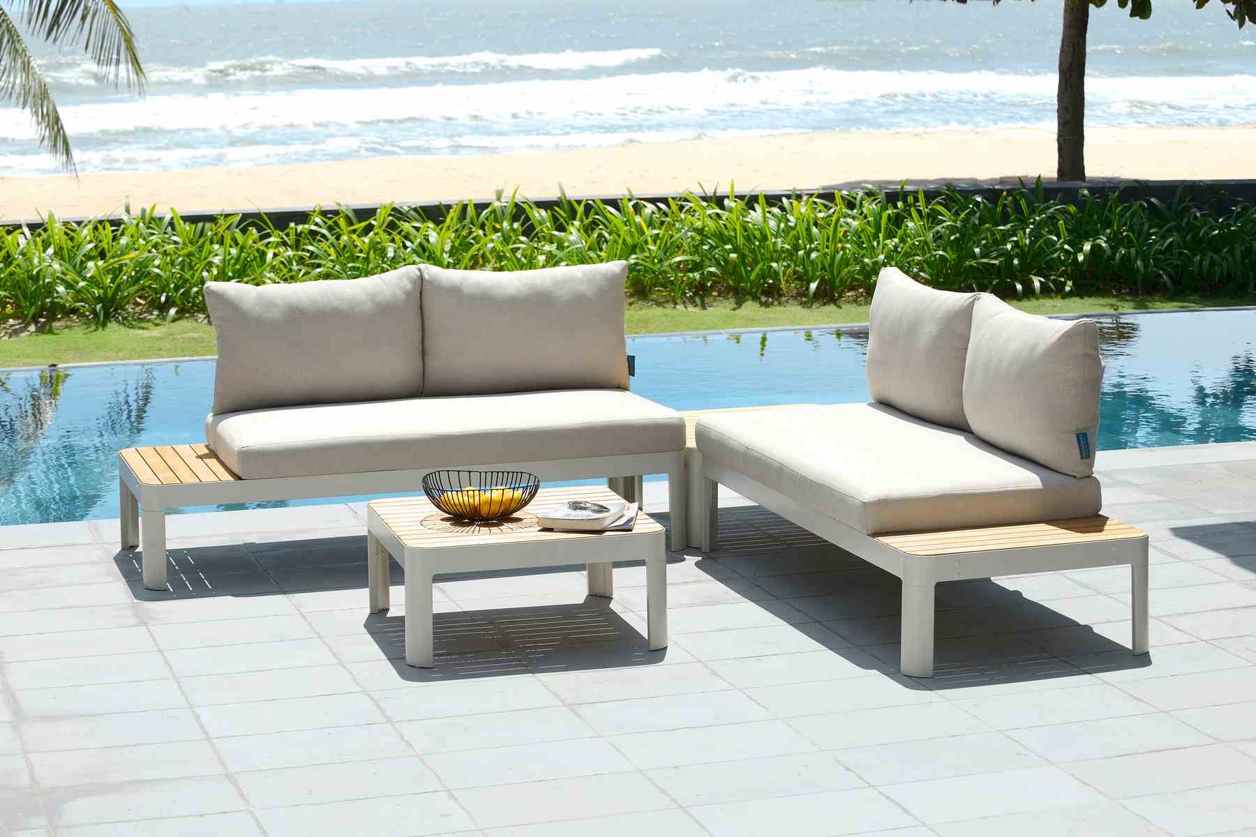 Portals Outdoor Square Coffee Table in Light Matte Sand Finish with Natural Teak Wood Top - Image 7