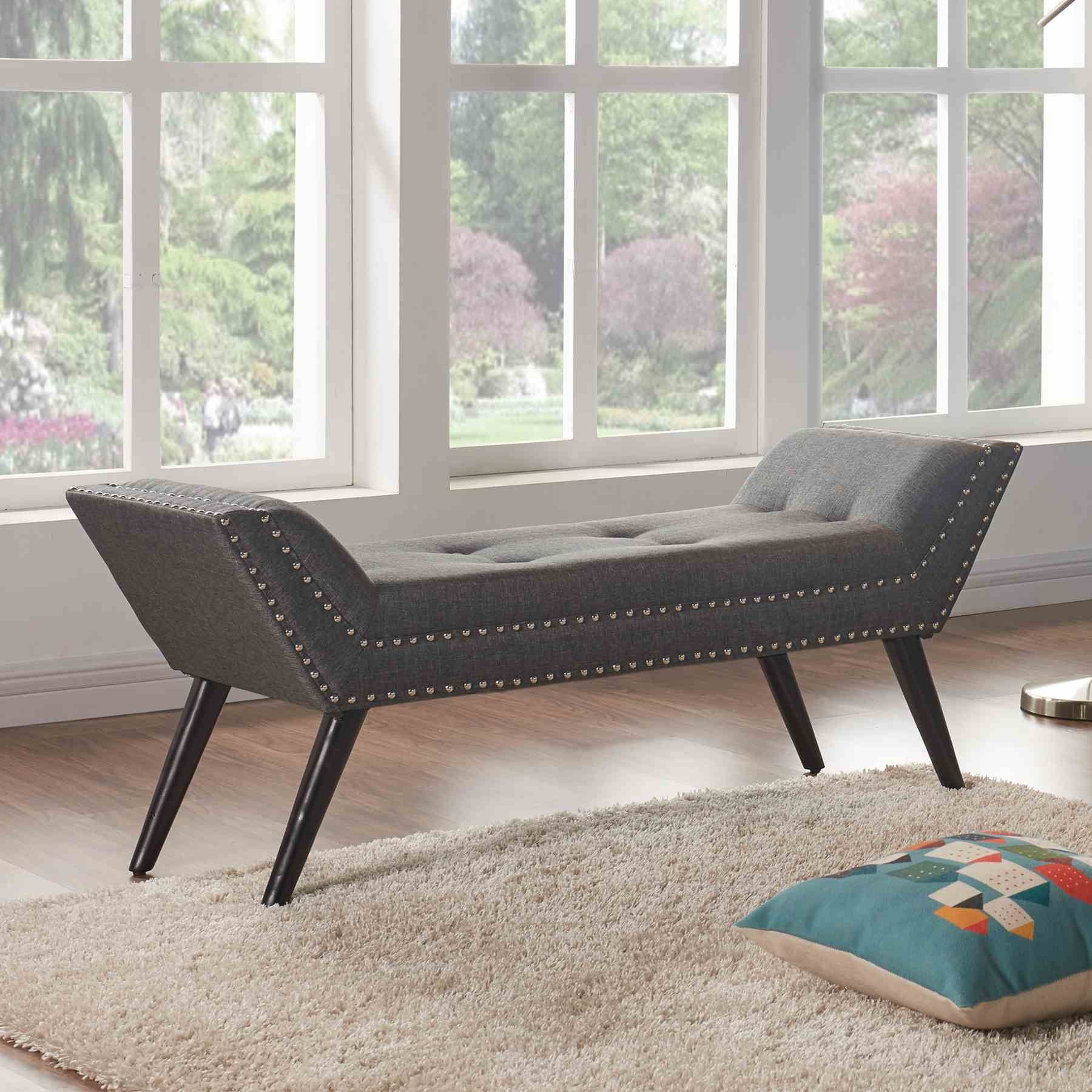 Porter Ottoman Bench in Charcoal Fabric with Nailhead Trim and Espresso Wood Legs - Image 2