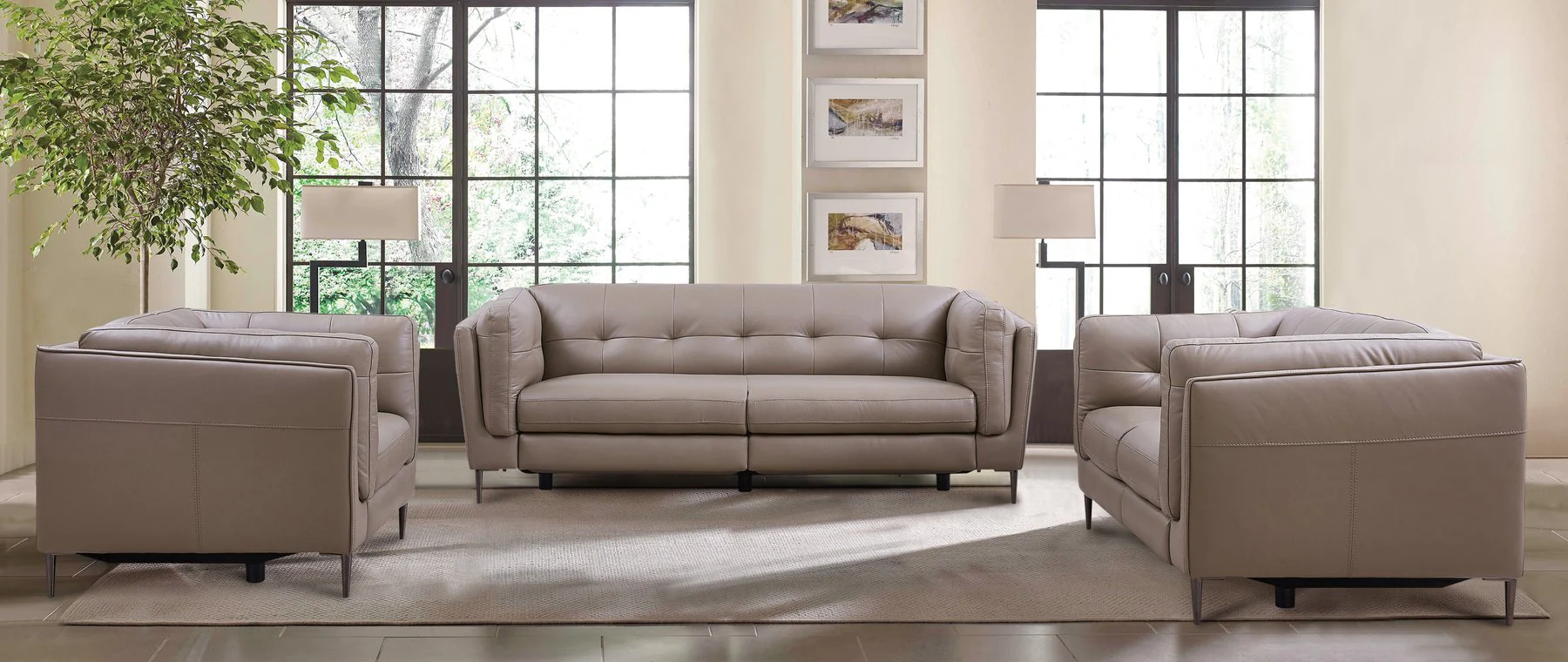 Primrose Contemporary Loveseat in Dark Metal Finish and Greige Genuine Leather - Image 10