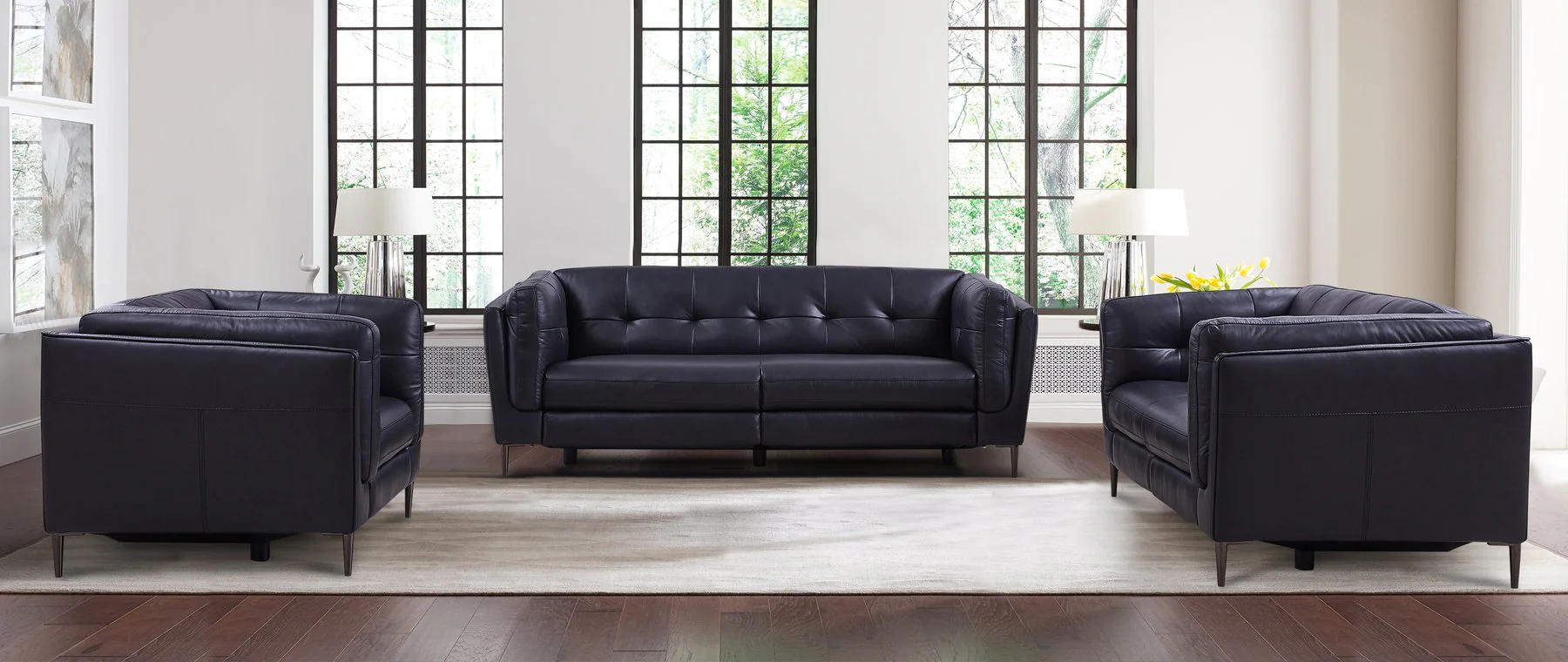 Primrose Contemporary Loveseat in Dark Metal Finish and Navy Genuine Leather - Image 10