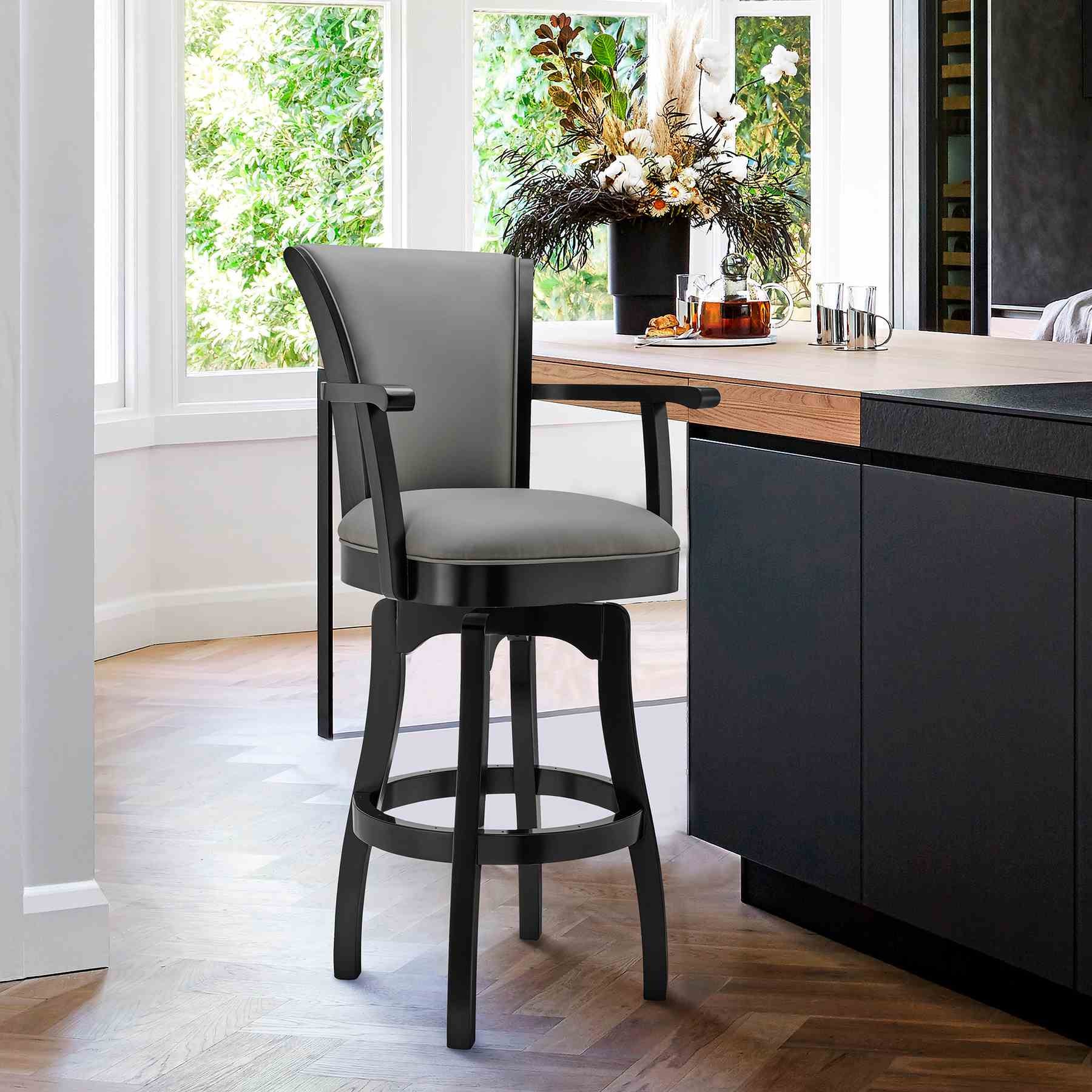 Raleigh 30" Bar Height Swivel Barstool in Black Finish and Gray Faux Leather - Image 7