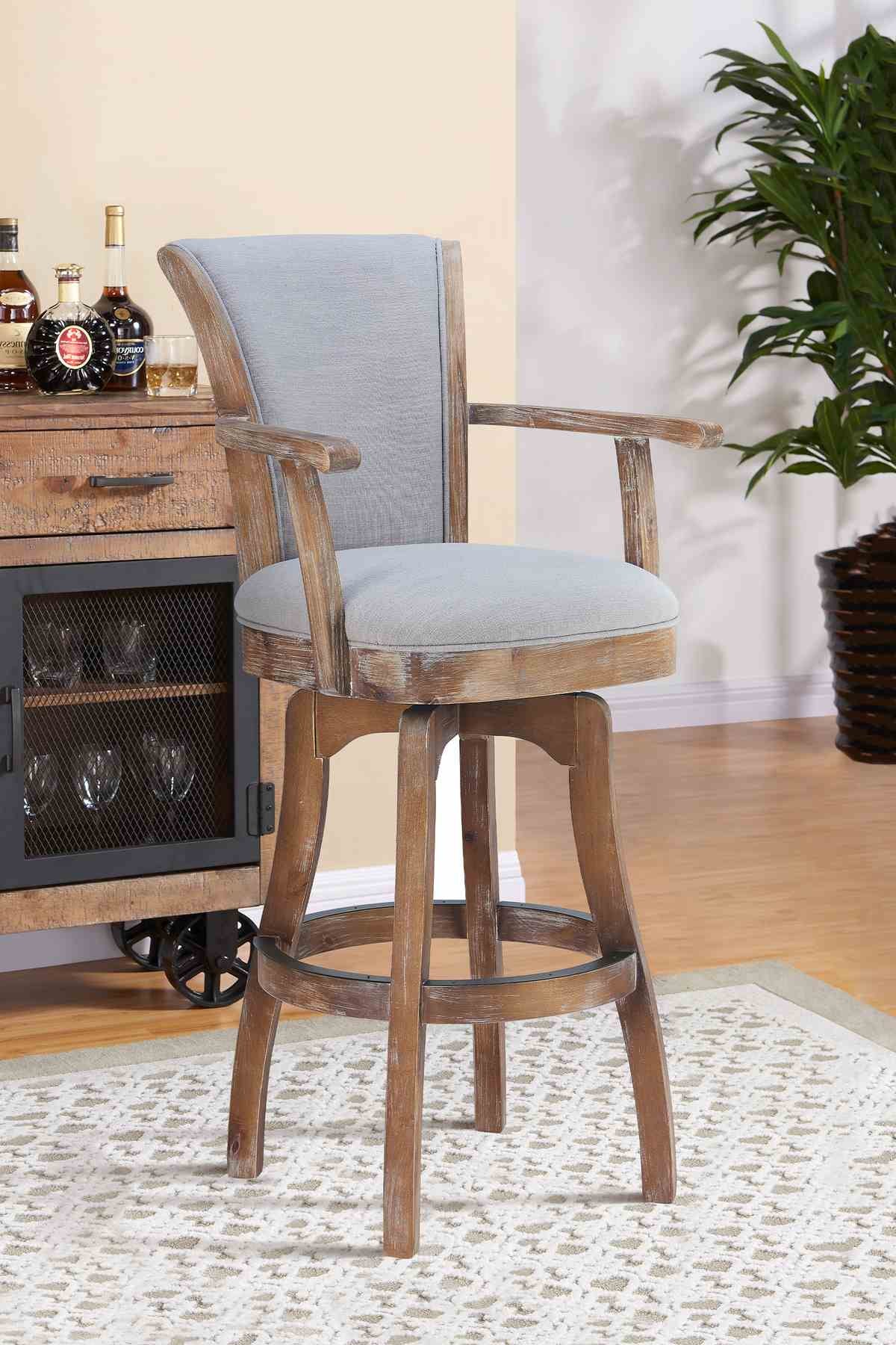 Raleigh Arm 26" Counter Height Swivel Barstool in Distressed Oak Finish and Putty Ivory Linen - Image 8