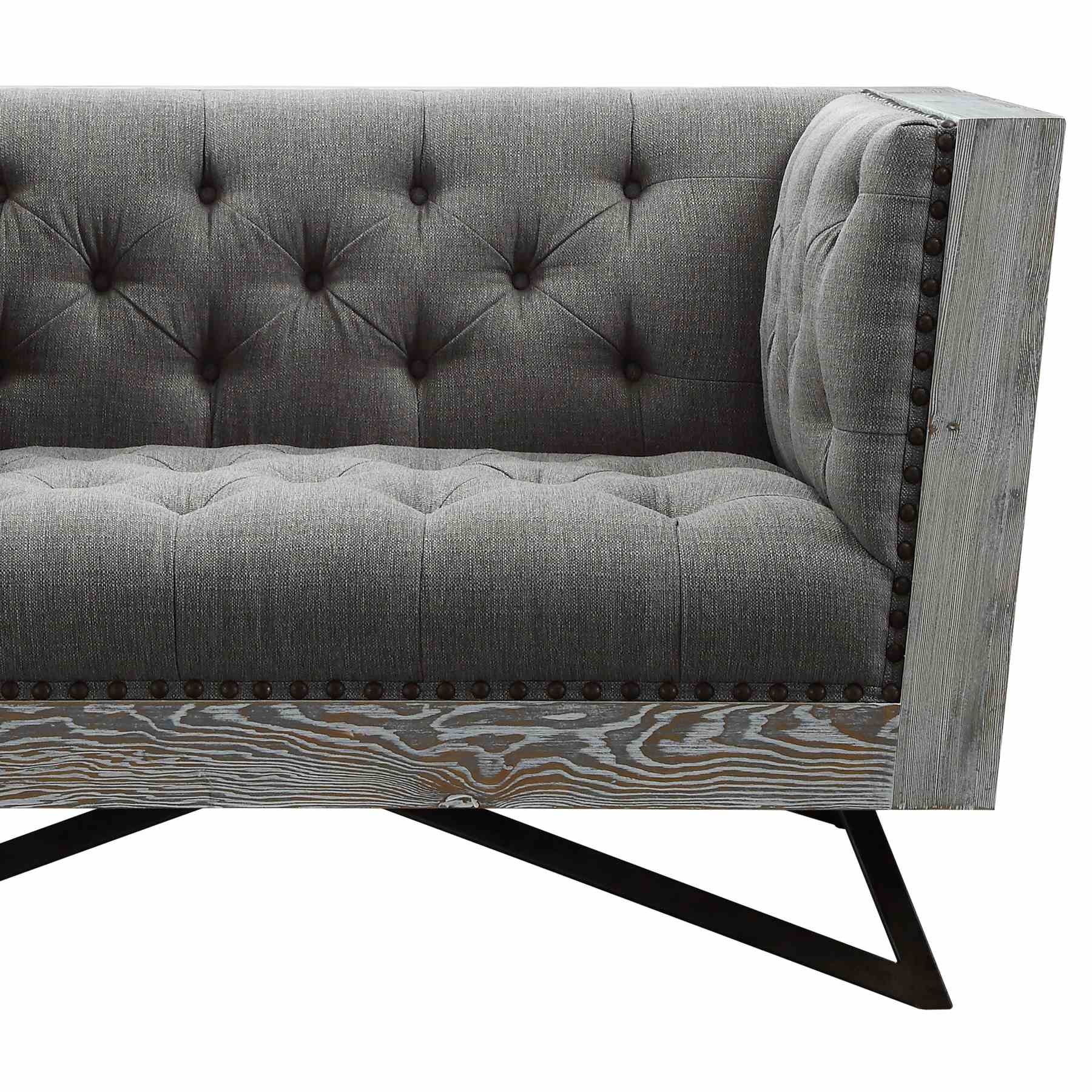 Regis Contemporary Chair in Gray Fabric with Black Metal Finish Legs and Antique Brown Nailhead Accents - Image 2
