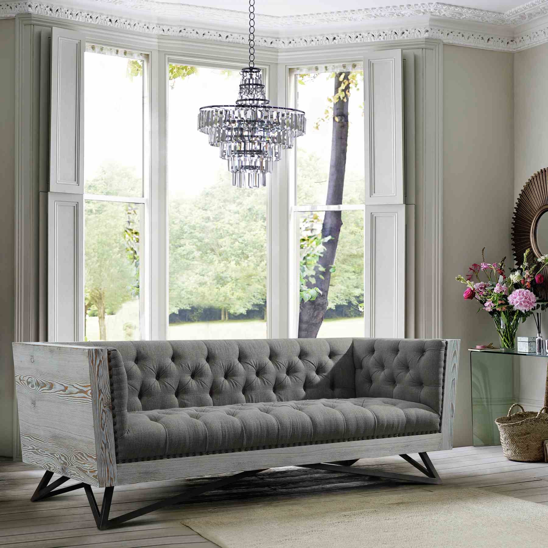 Regis Contemporary Sofa in Gray Fabric with Black Metal Finish Legs and Antique Brown Nailhead Accents - Image 3