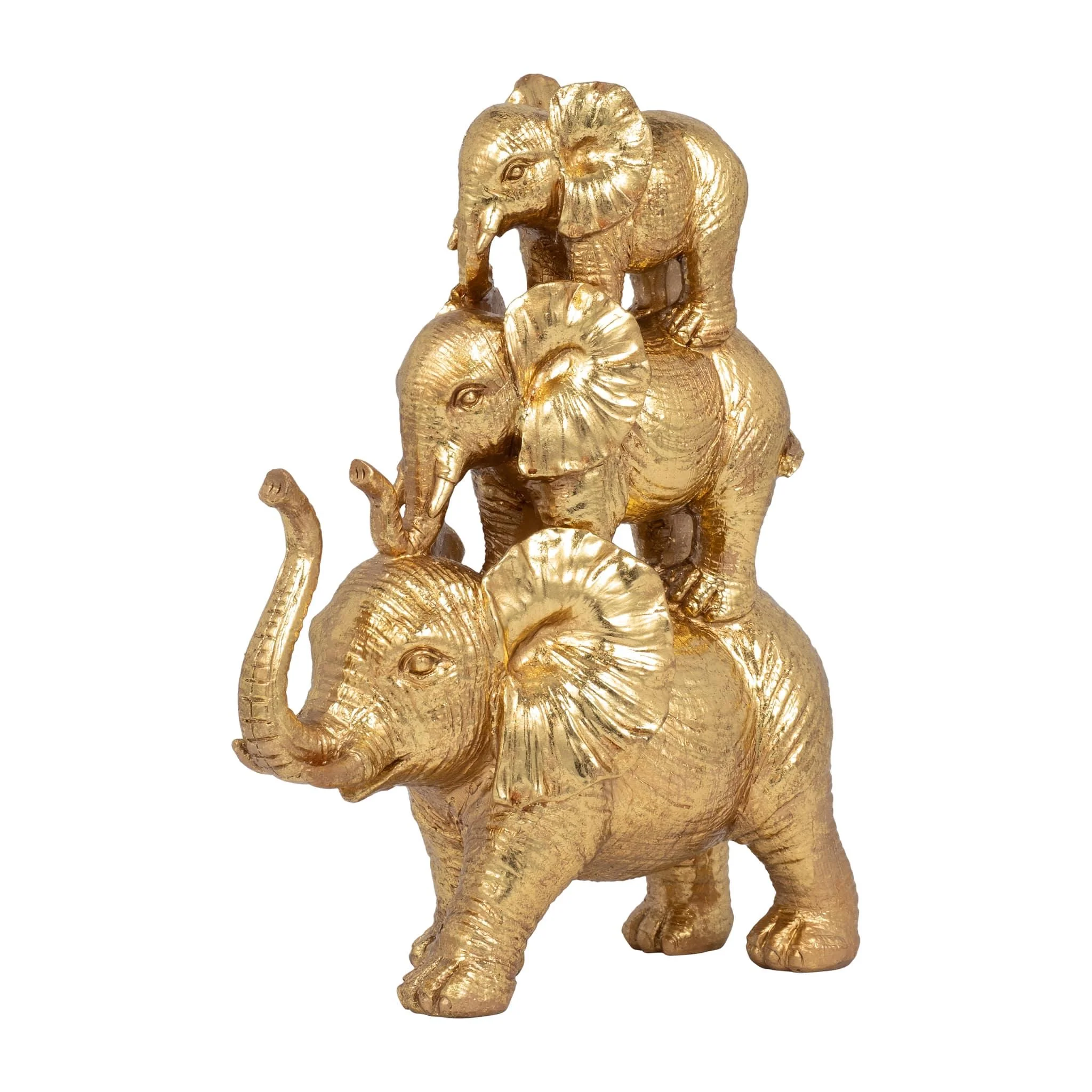 Resin, 10" Stacked Raised Trunk Elephants, Gold - Image 2