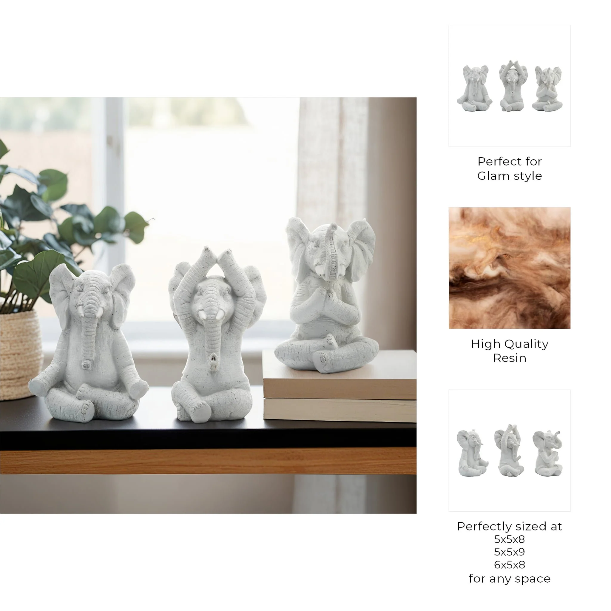 Resin, S/3, 8"h, Yoga Elephants, Wt - Image 8