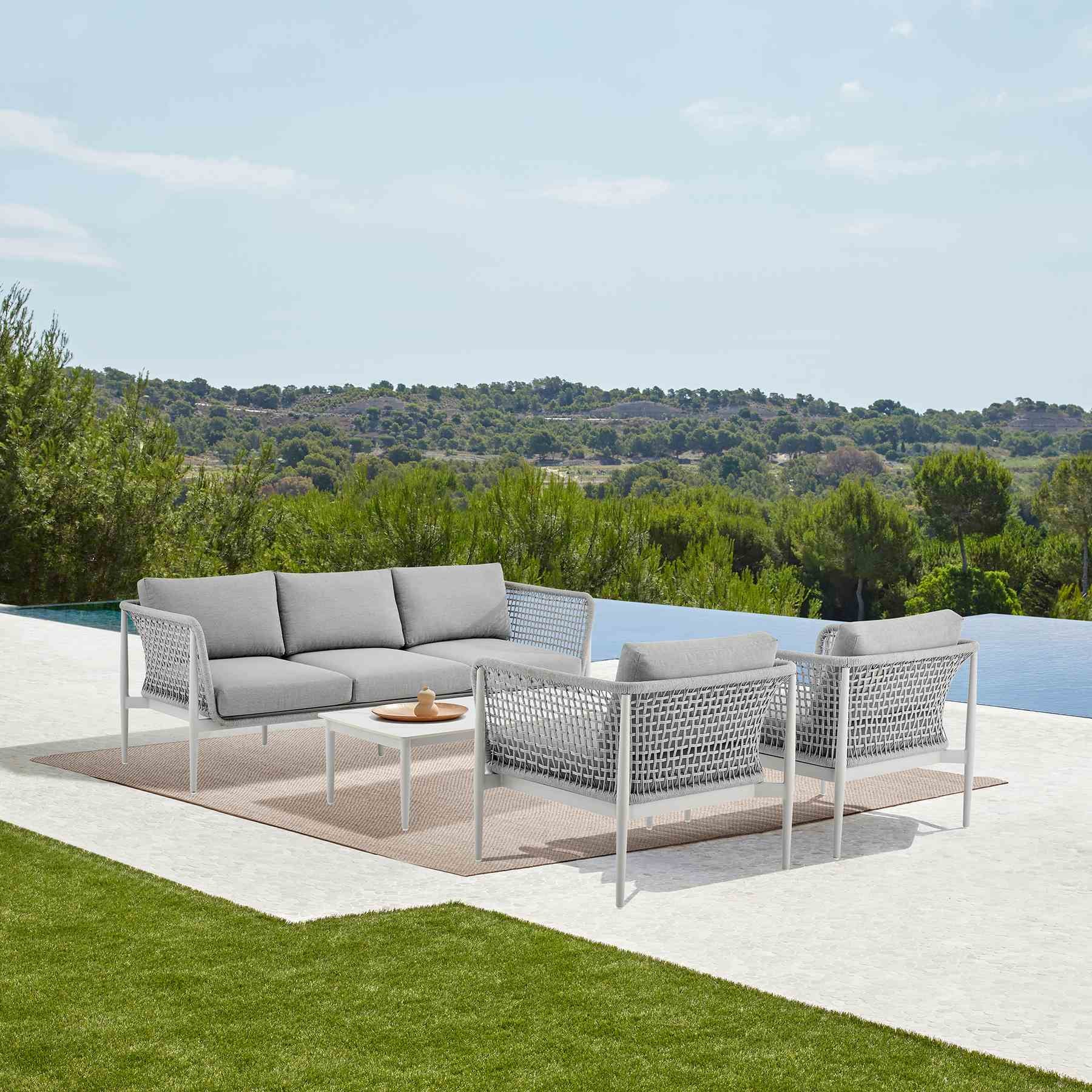 Rhodes Outdoor Patio 4 Piece Conversation Set in Aluminum with Sintered Stone and Gray Cushions - Image 12
