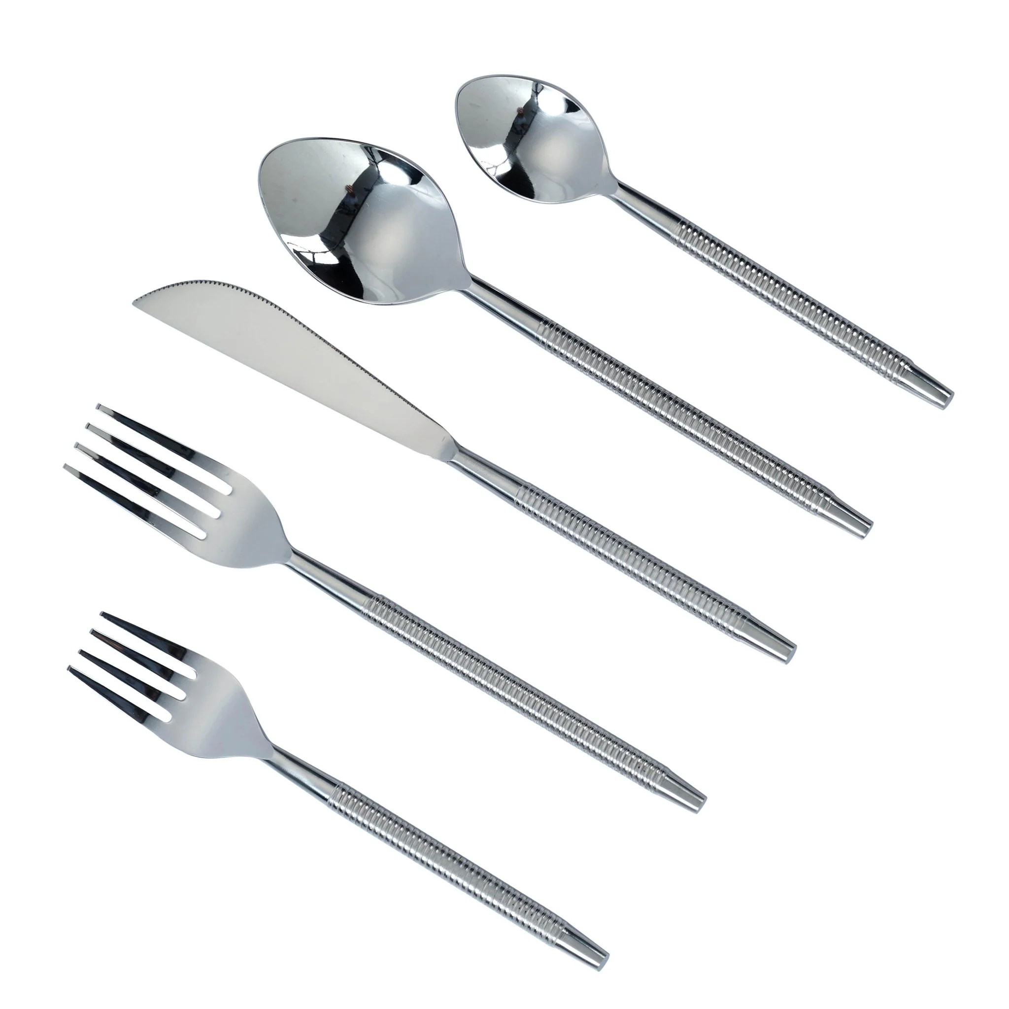 Ribbed Silver Stainless Steel Flatware - Set of 5 Pieces - Service For 1 - Image 2