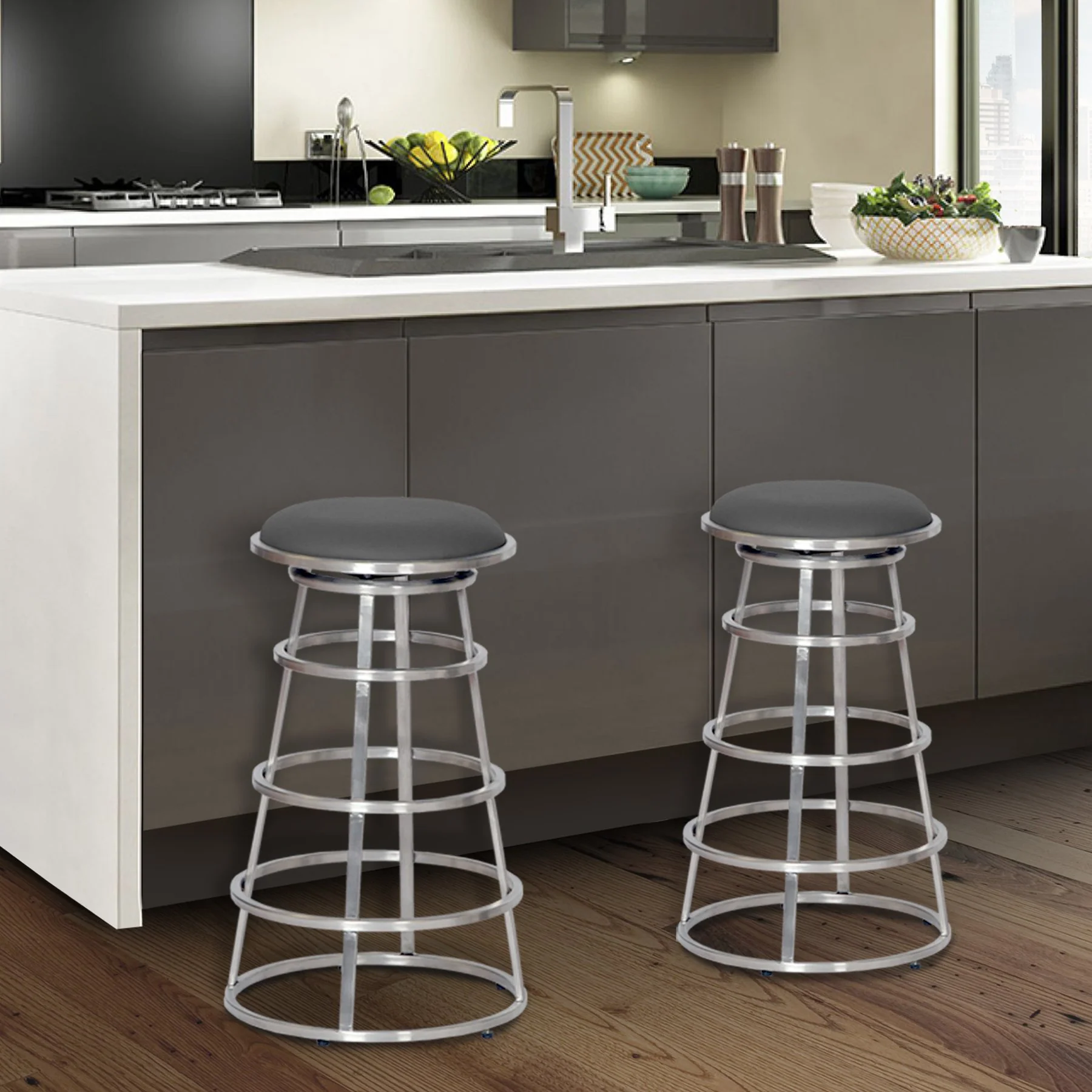 Ringo 30" Backless Brushed Stainless Steel Barstool in Gray Faux Leather - Image 4