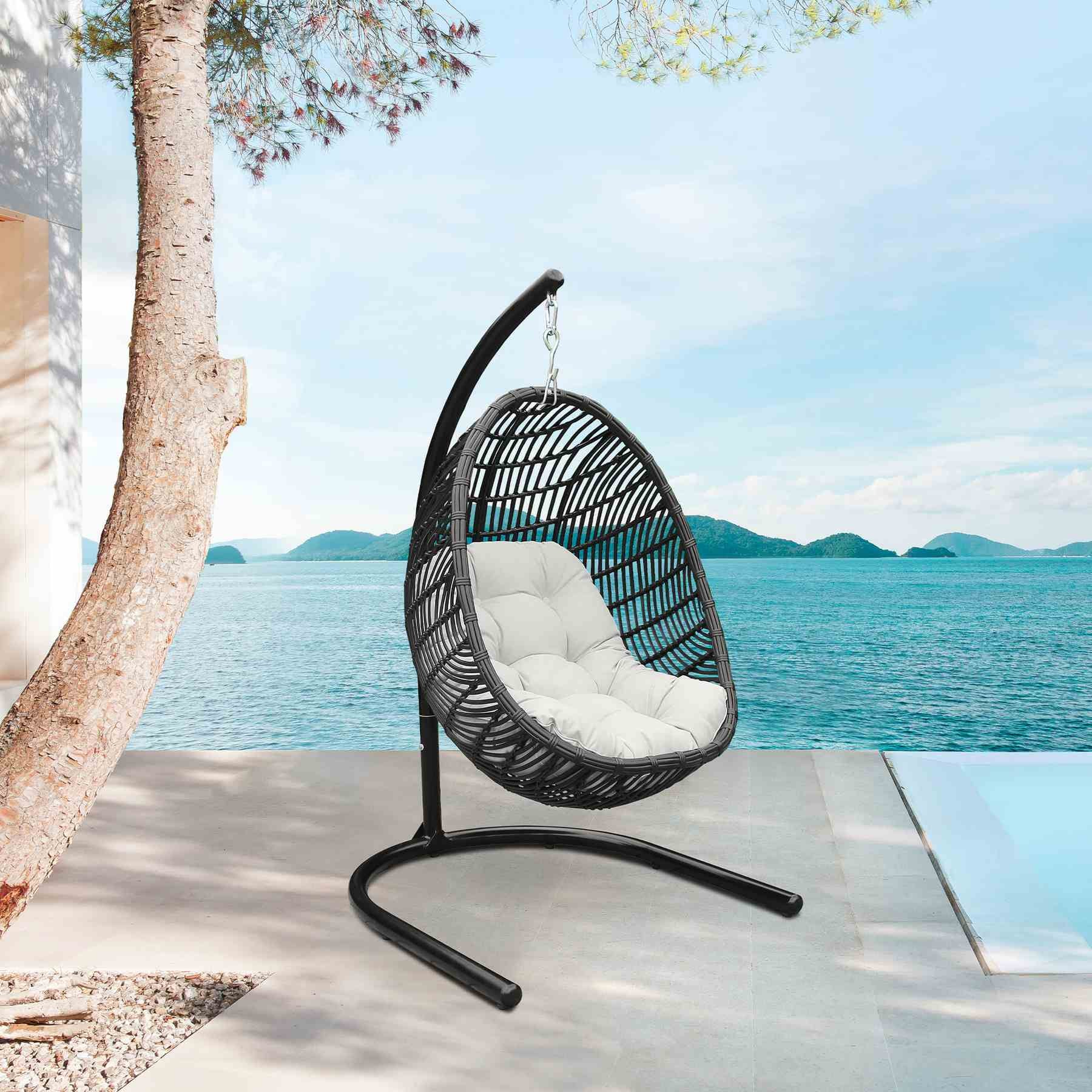 Rio Indoor Outdoor Hanging Egg Swing Chair in Gray Wicker with Black Iron Stand - Image 11