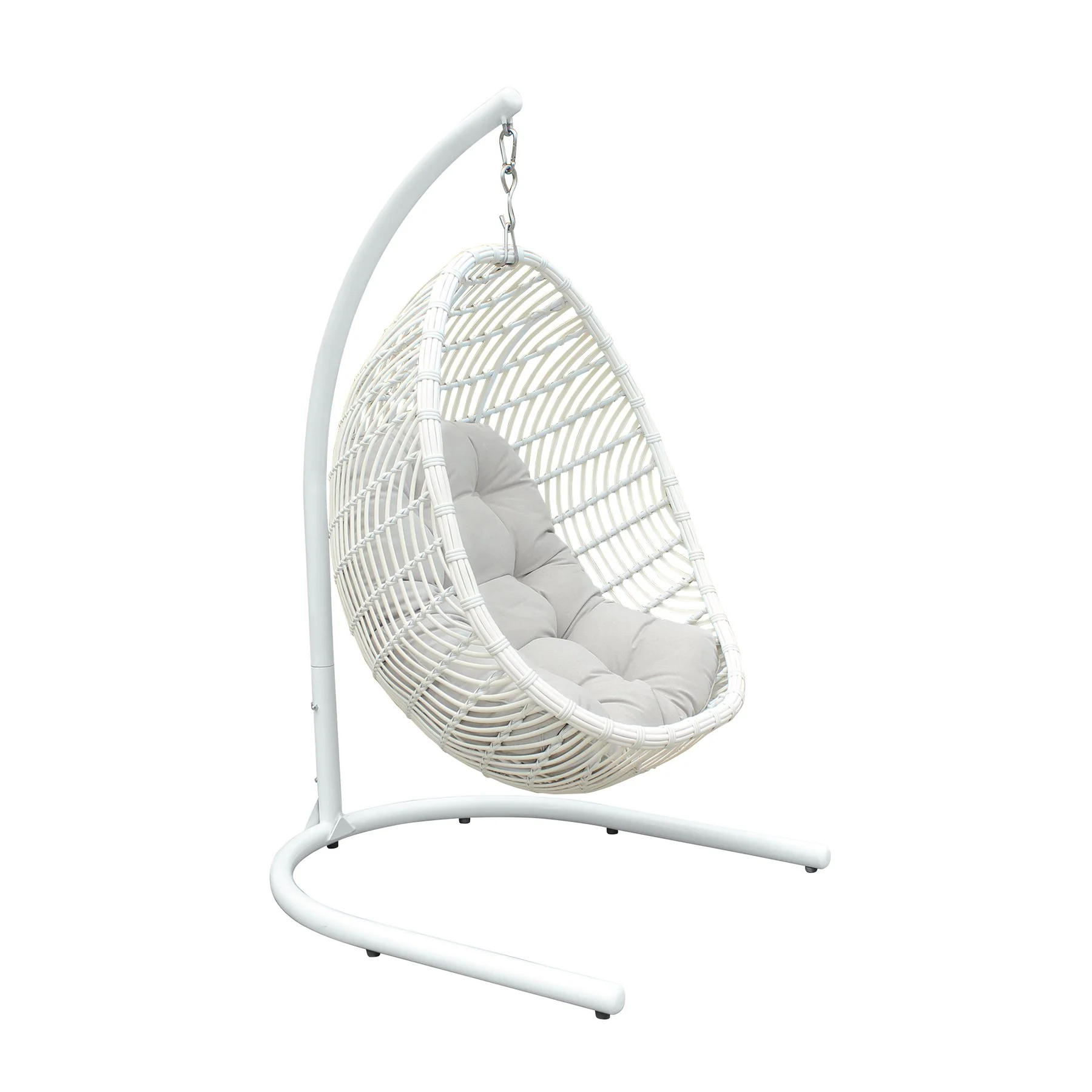 Rio indoor Outdoor Hanging Egg Swing Chair in White Wicker with White Iron Stand