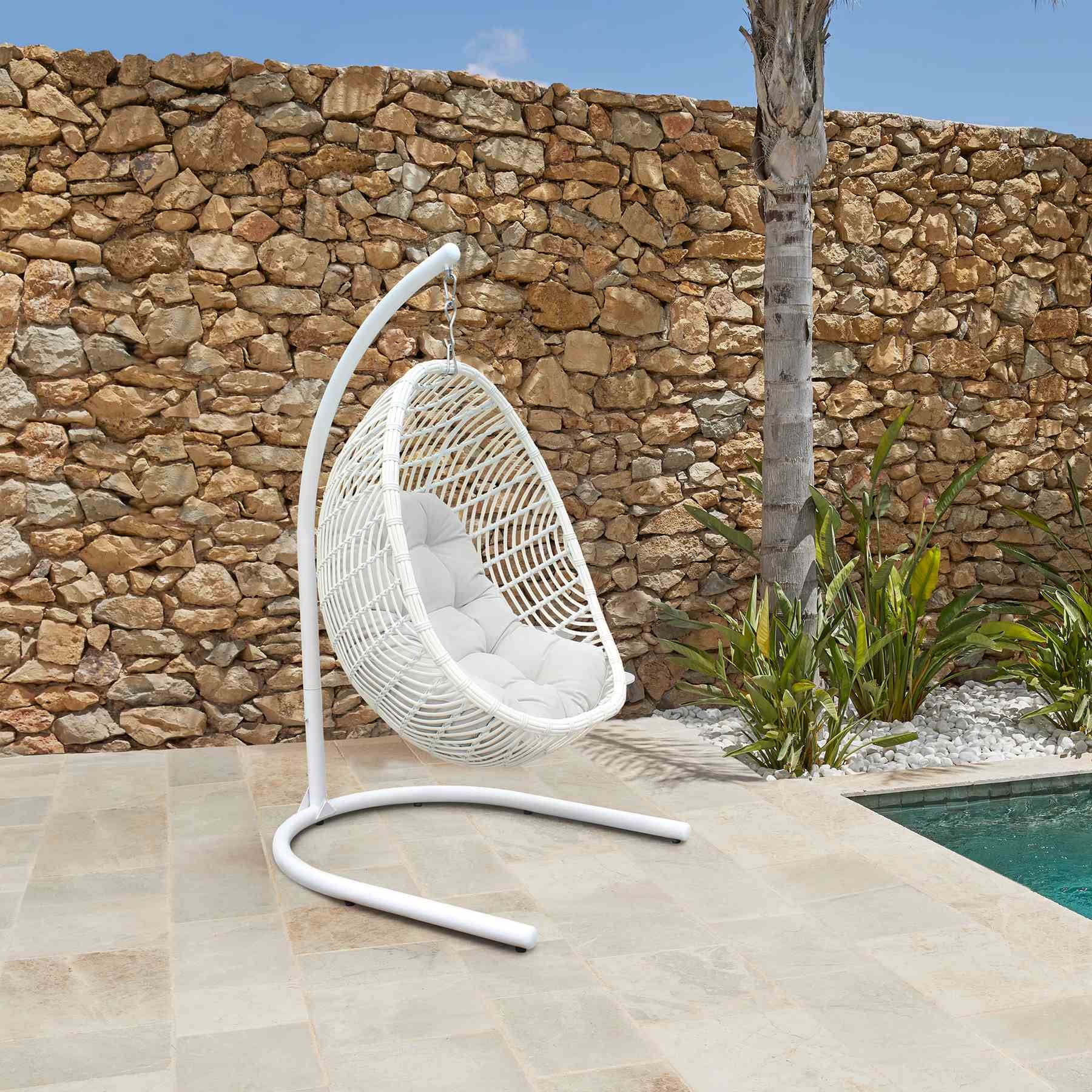 Rio indoor Outdoor Hanging Egg Swing Chair in White Wicker with White Iron Stand - Image 11