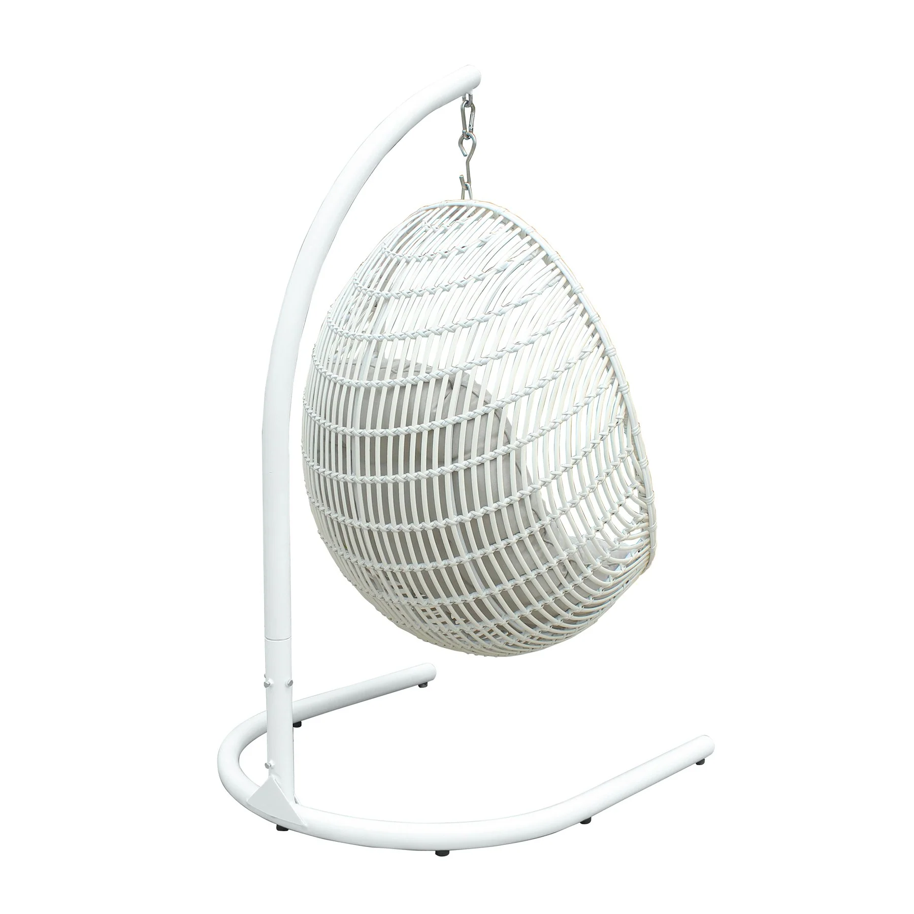 Rio indoor Outdoor Hanging Egg Swing Chair in White Wicker with White Iron Stand - Image 4
