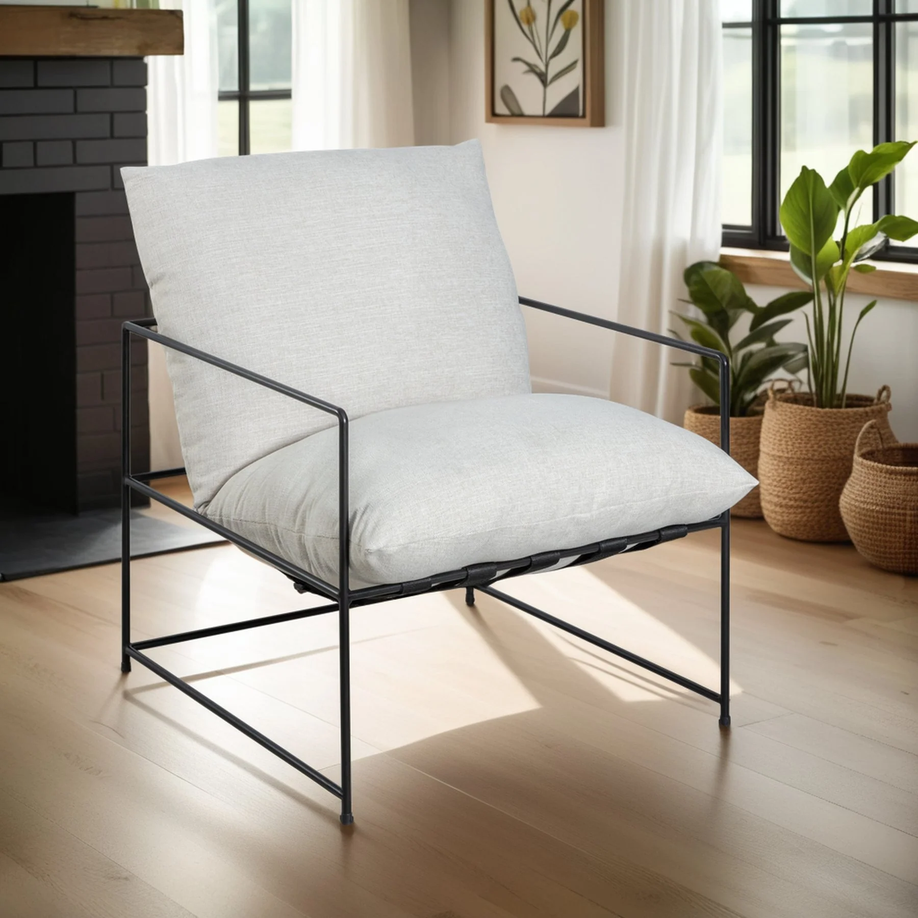 Rogan Accent Chair in Soft Oat Fabric with Black Metal Finish - Image 9