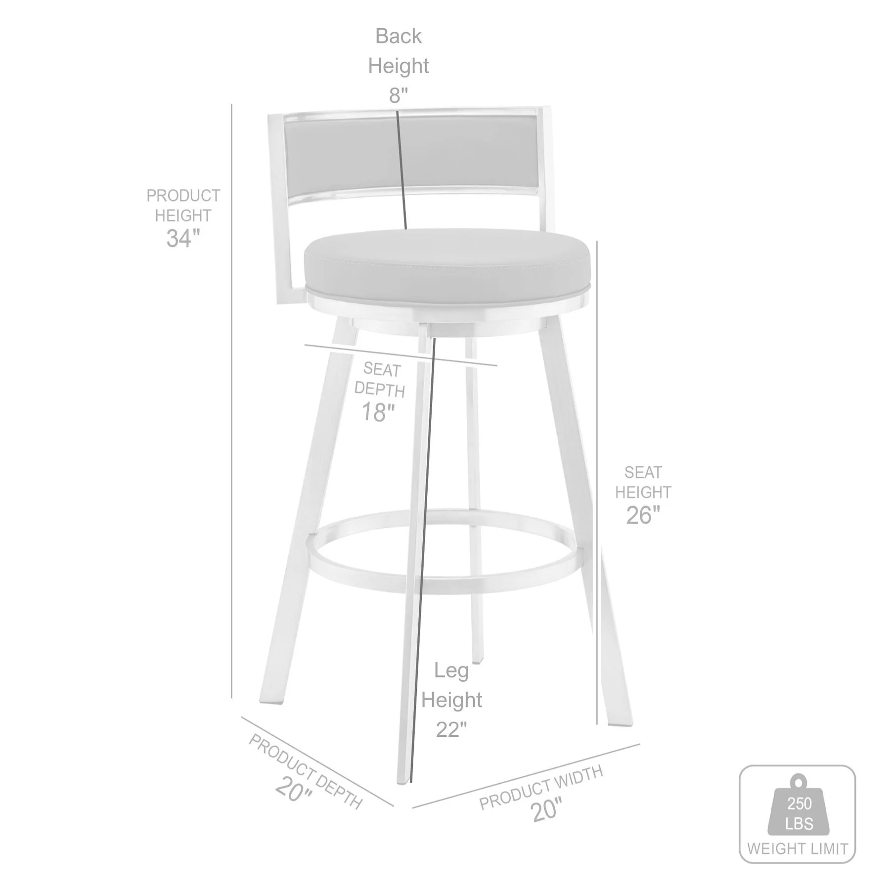 Roman 26" Gray Faux Leather and Brushed Stainless Steel Swivel Bar Stool - Image 7