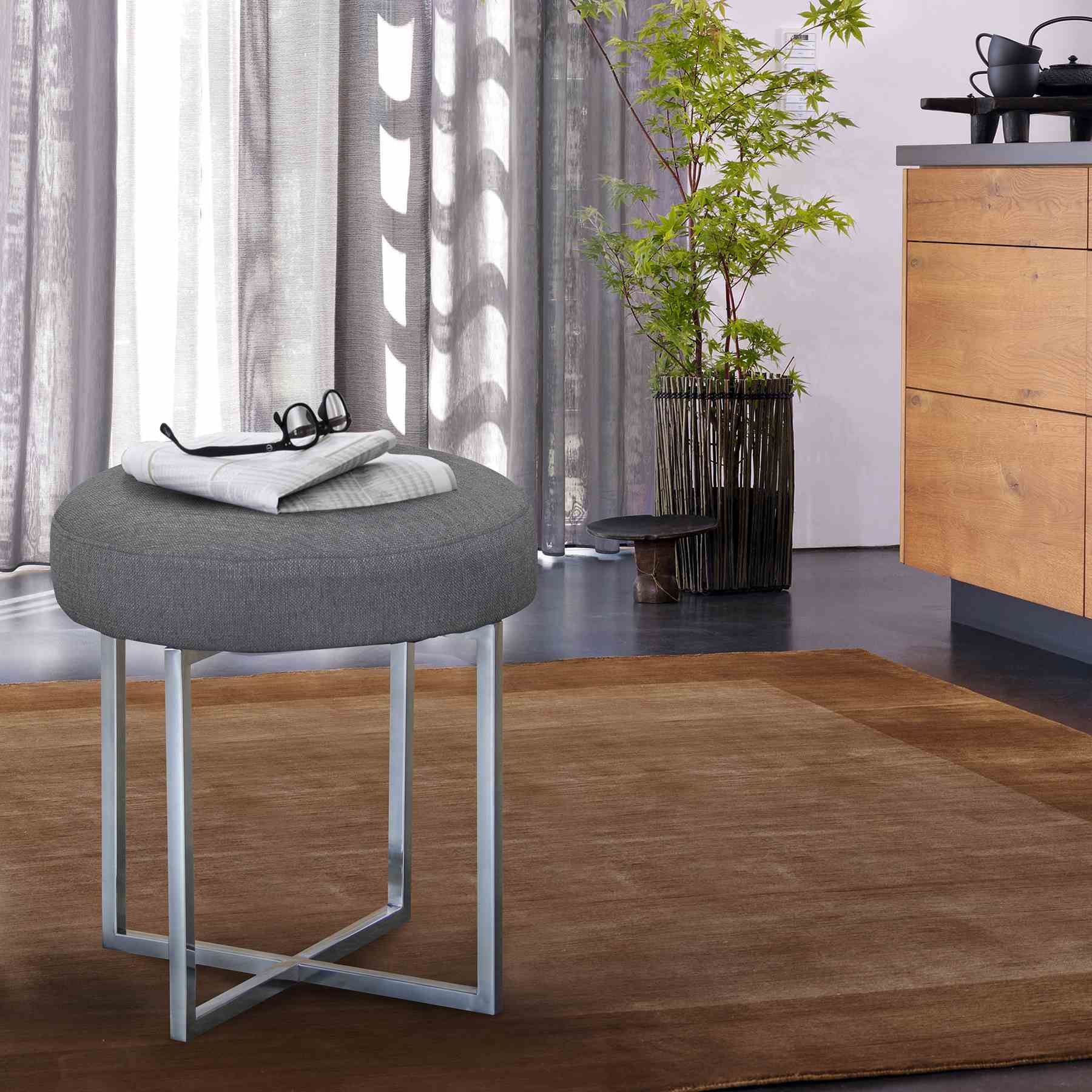 Rory Contemporary Ottoman in Polished Stainless Steel Finish Base and Gray Fabric - Image 3