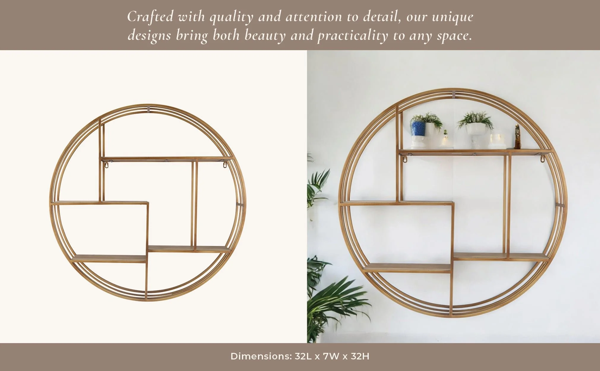 Round 32" Wood / Metal Wallshelf, Bronze - Image 9