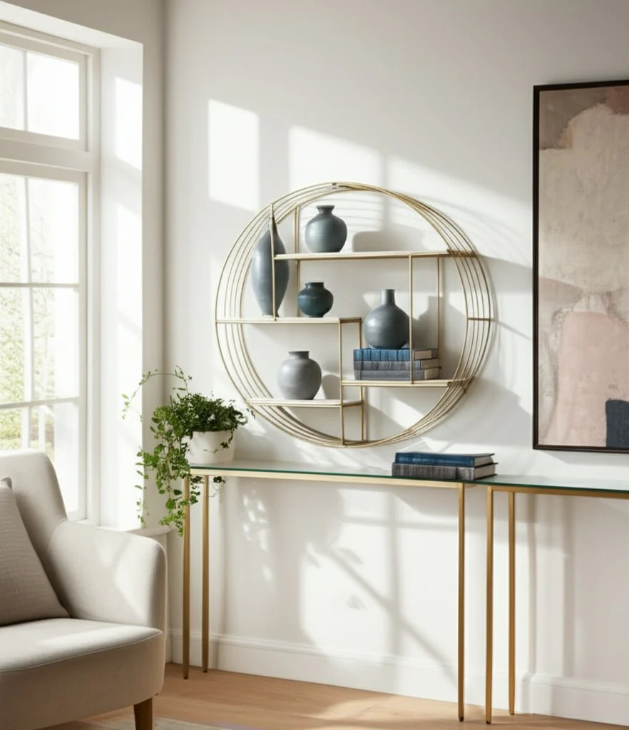 Round 32" Wood/metal Wallshelf, Gold - Image 9