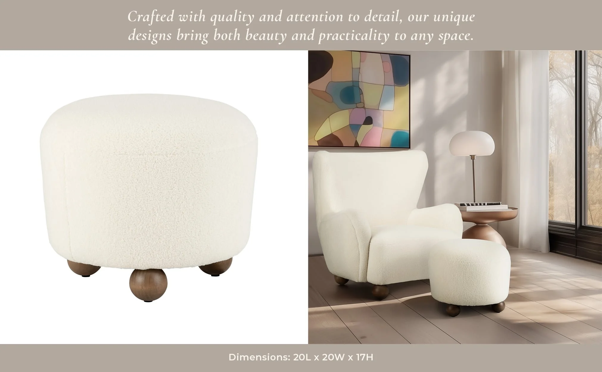 Round Ottoman W/ Ball Feet, Beige - Image 11