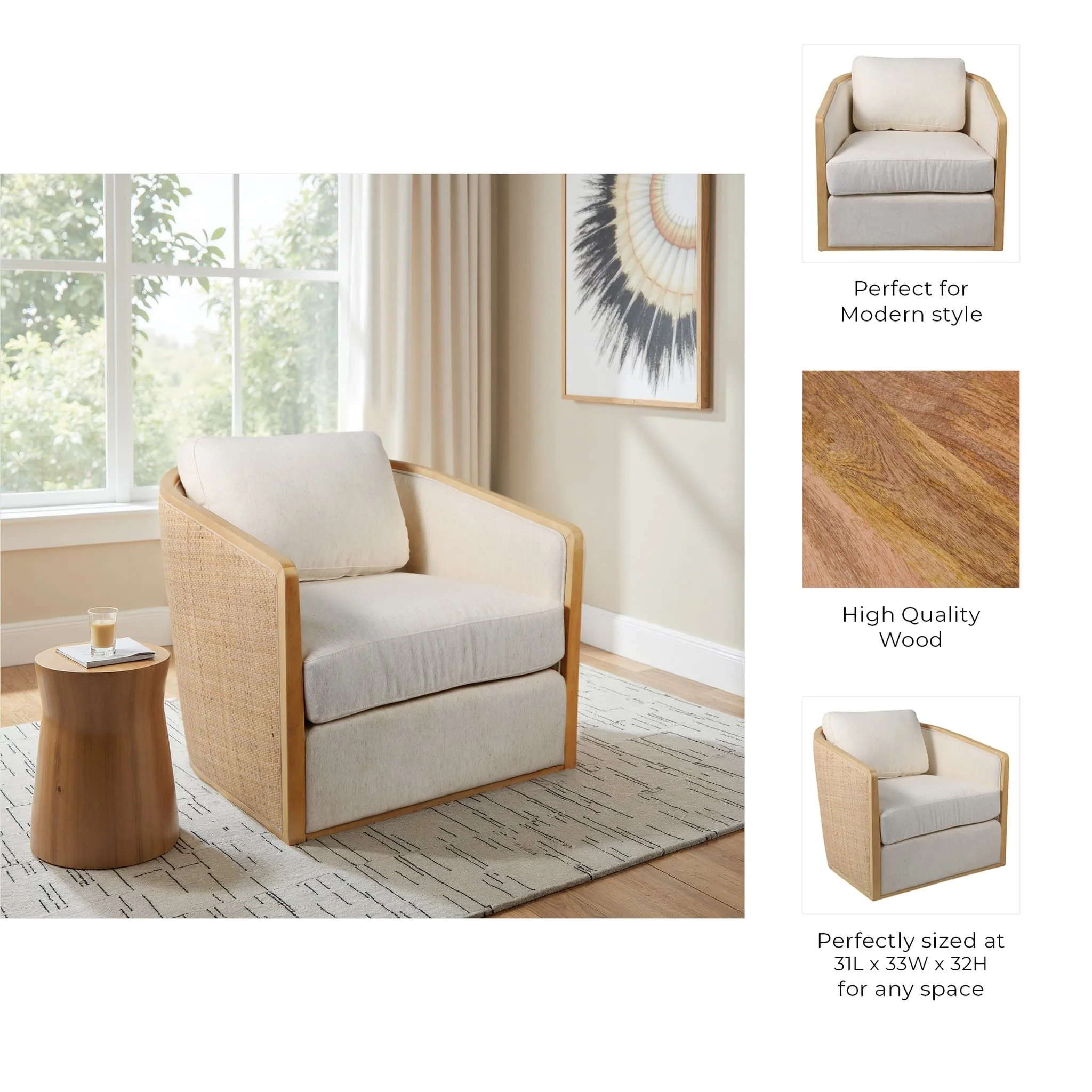 Rounded Cane Back Swivel Accent Chair, Ivory/tan - Image 8