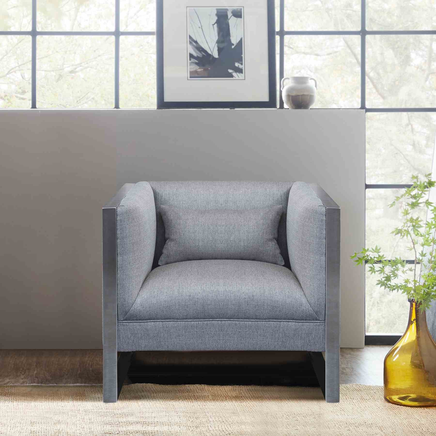 Royce Contemporary Chair With Polished Stainless Steel and Gray Fabric - Image 3