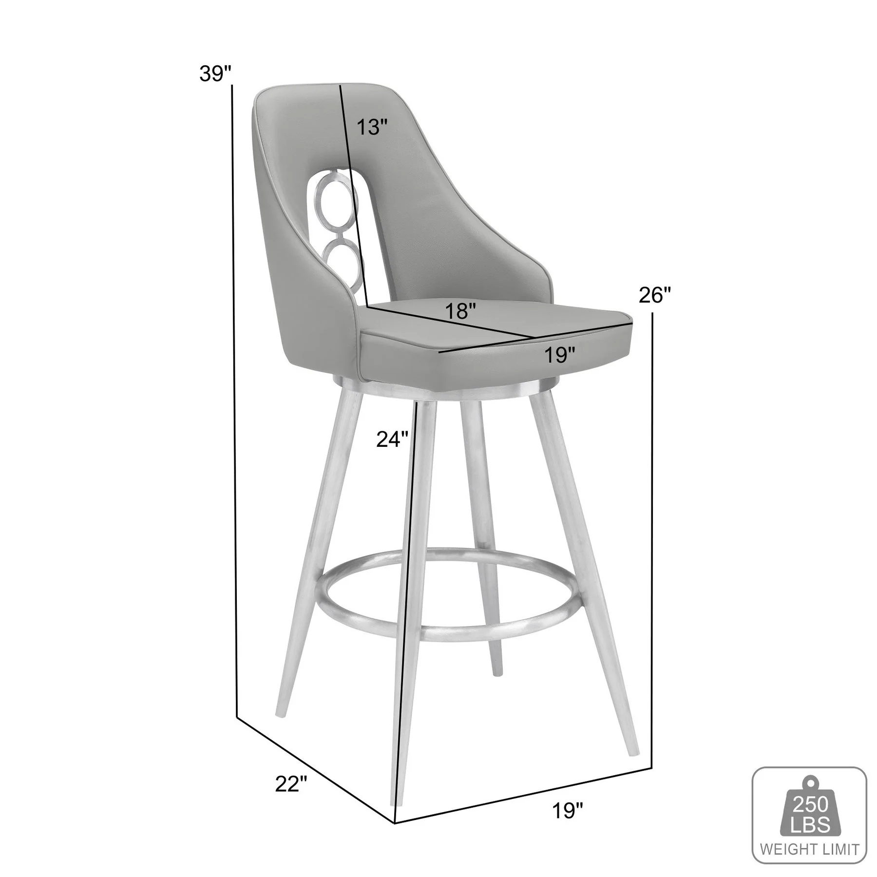 Ruby 26" Counter Height Swivel Gray Faux Leather and Brushed Stainless Steel Bar Stool - Image 8