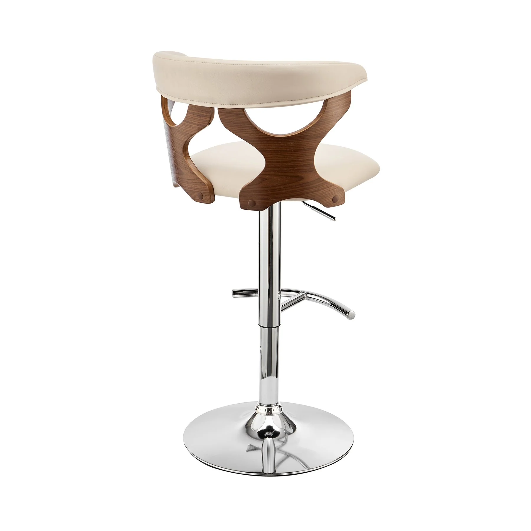 Ruth Adjustable Swivel Cream Faux Leather and Walnut Wood Bar Stool with Chrome Base - Image 4