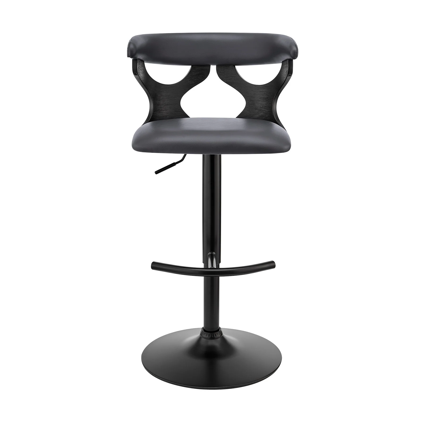 Ruth Adjustable Swivel Gray Faux Leather and Black Wood Bar Stool with Black Base - Image 2