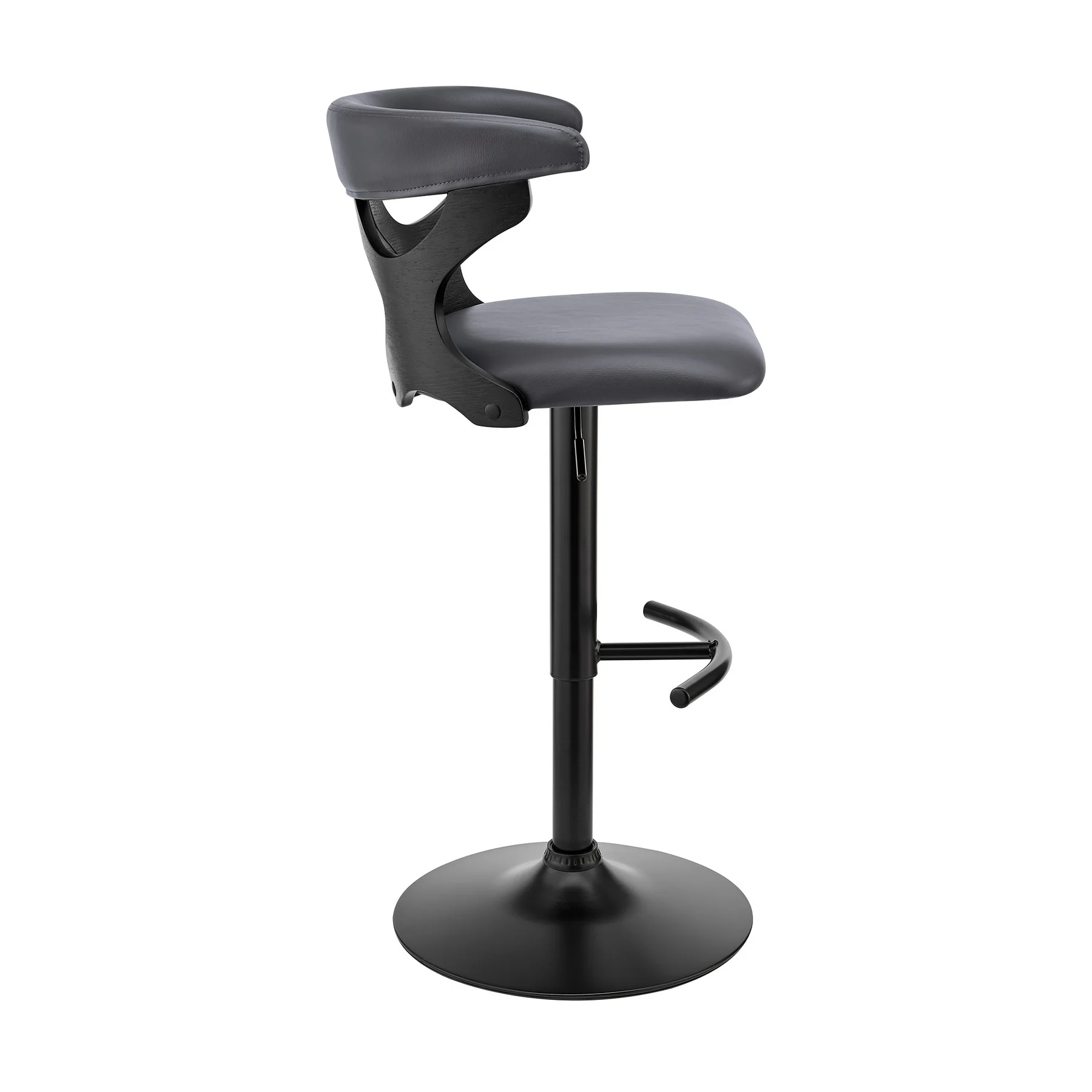 Ruth Adjustable Swivel Gray Faux Leather and Black Wood Bar Stool with Black Base - Image 3