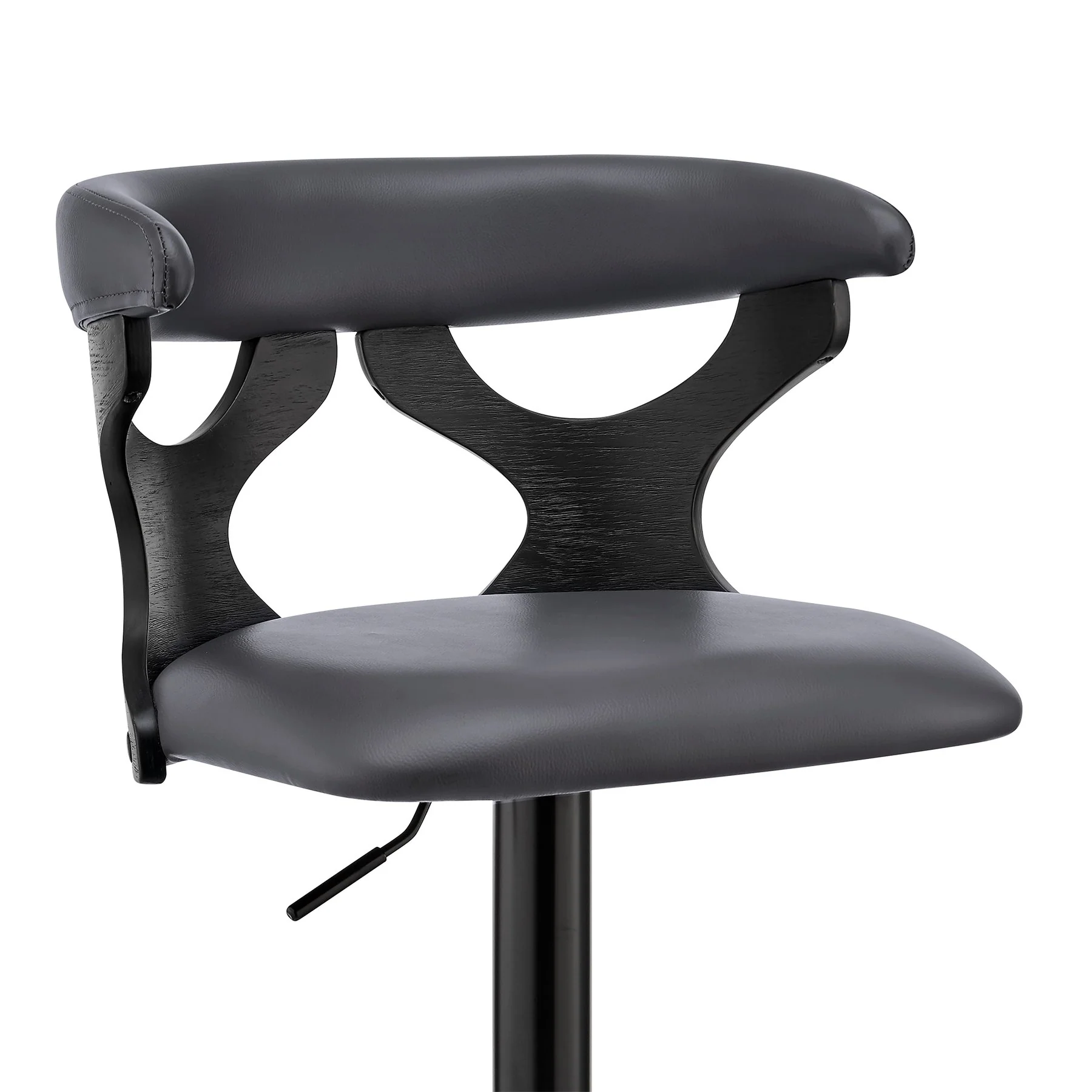 Ruth Adjustable Swivel Gray Faux Leather and Black Wood Bar Stool with Black Base - Image 6